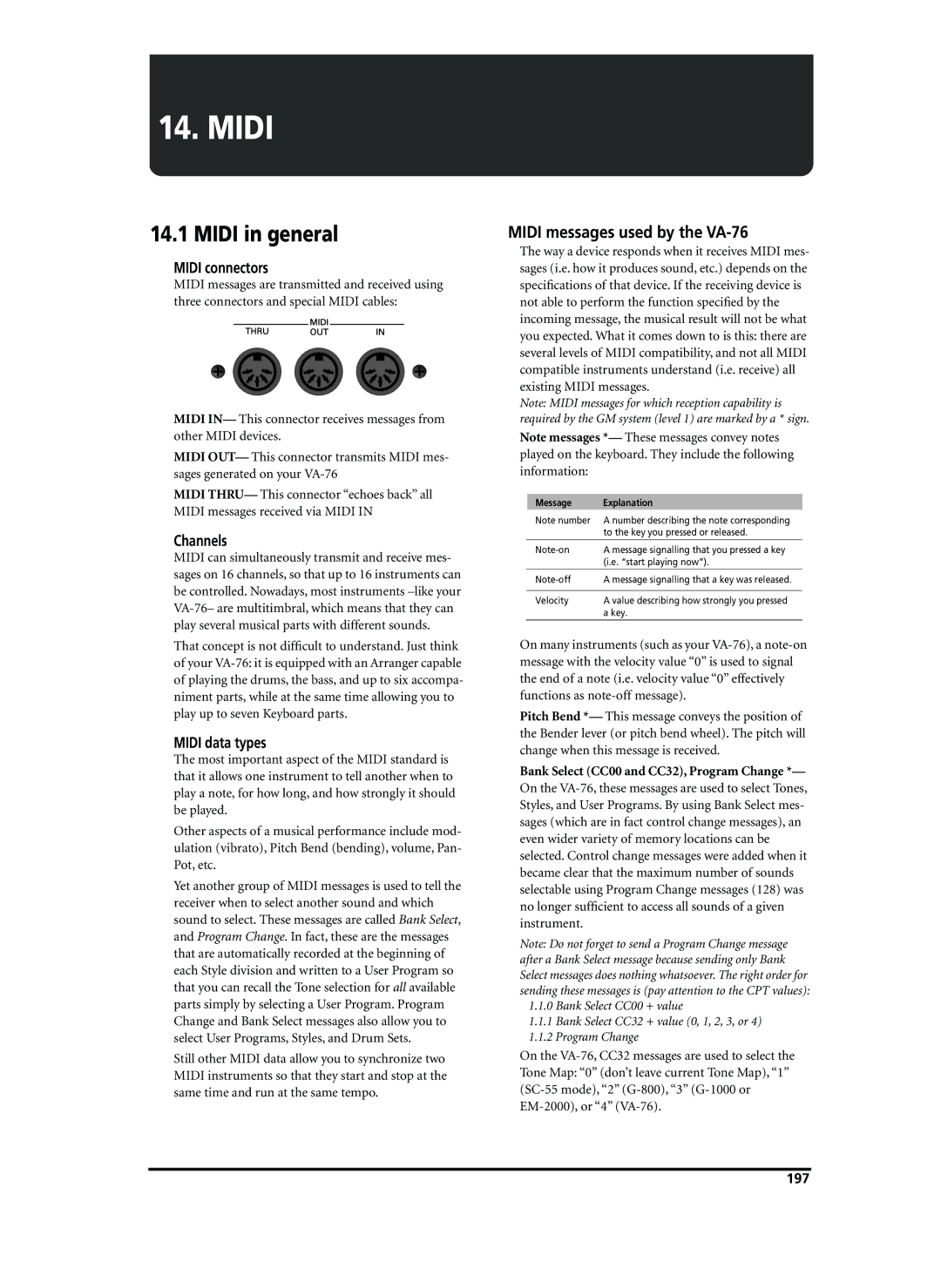 Roland owner manual Midi in general, Midi messages used by the VA-76 