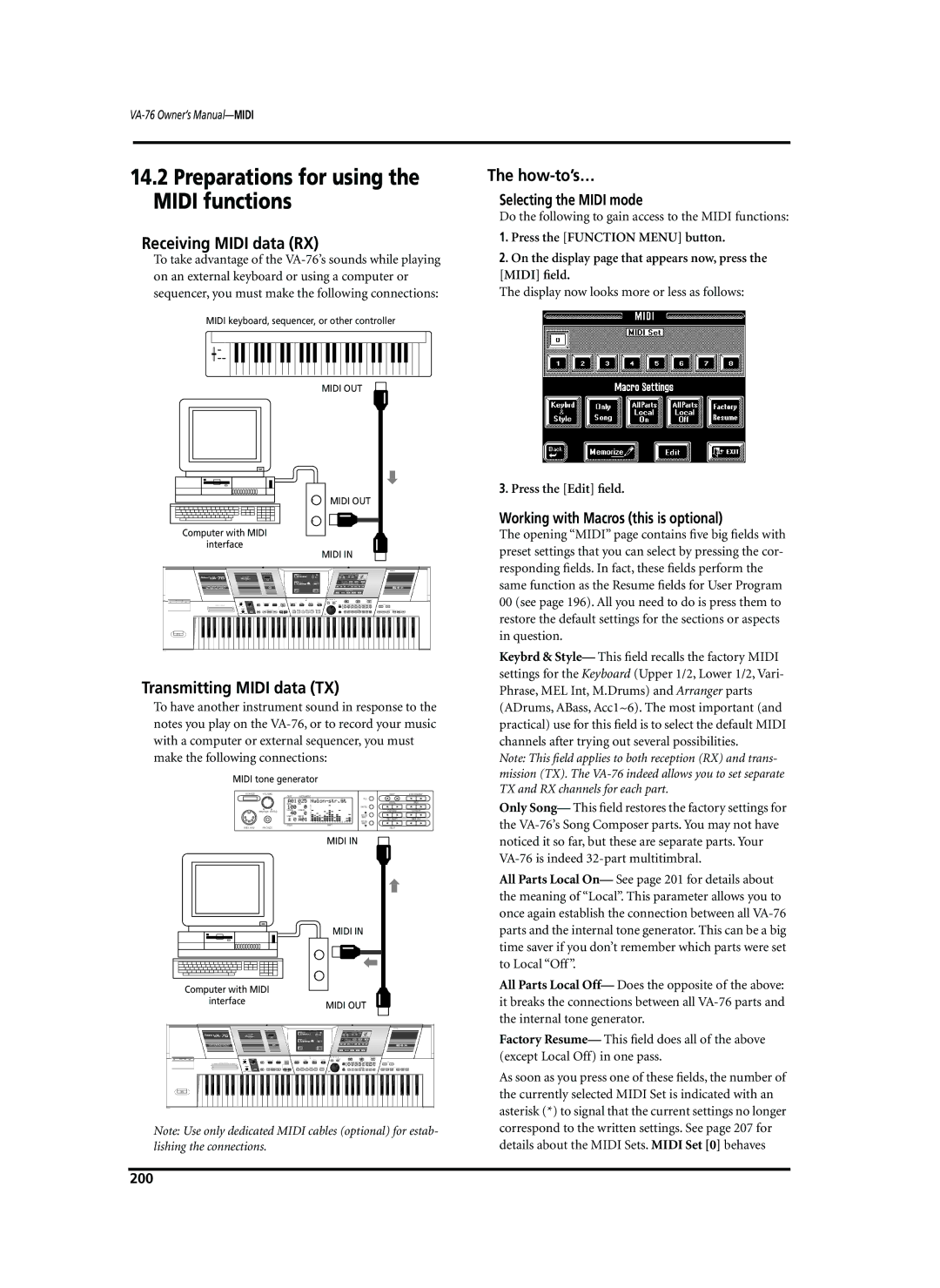 Roland VA-76 Preparations for using the Midi functions, Receiving Midi data RX, Transmitting Midi data TX, How-to’s… 