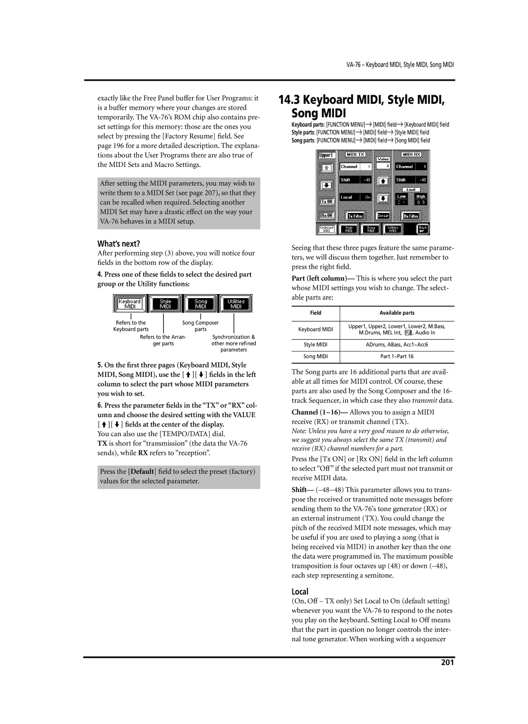 Roland VA-76 owner manual Keyboard MIDI, Style MIDI, Song Midi, What’s next?, Local, 201 