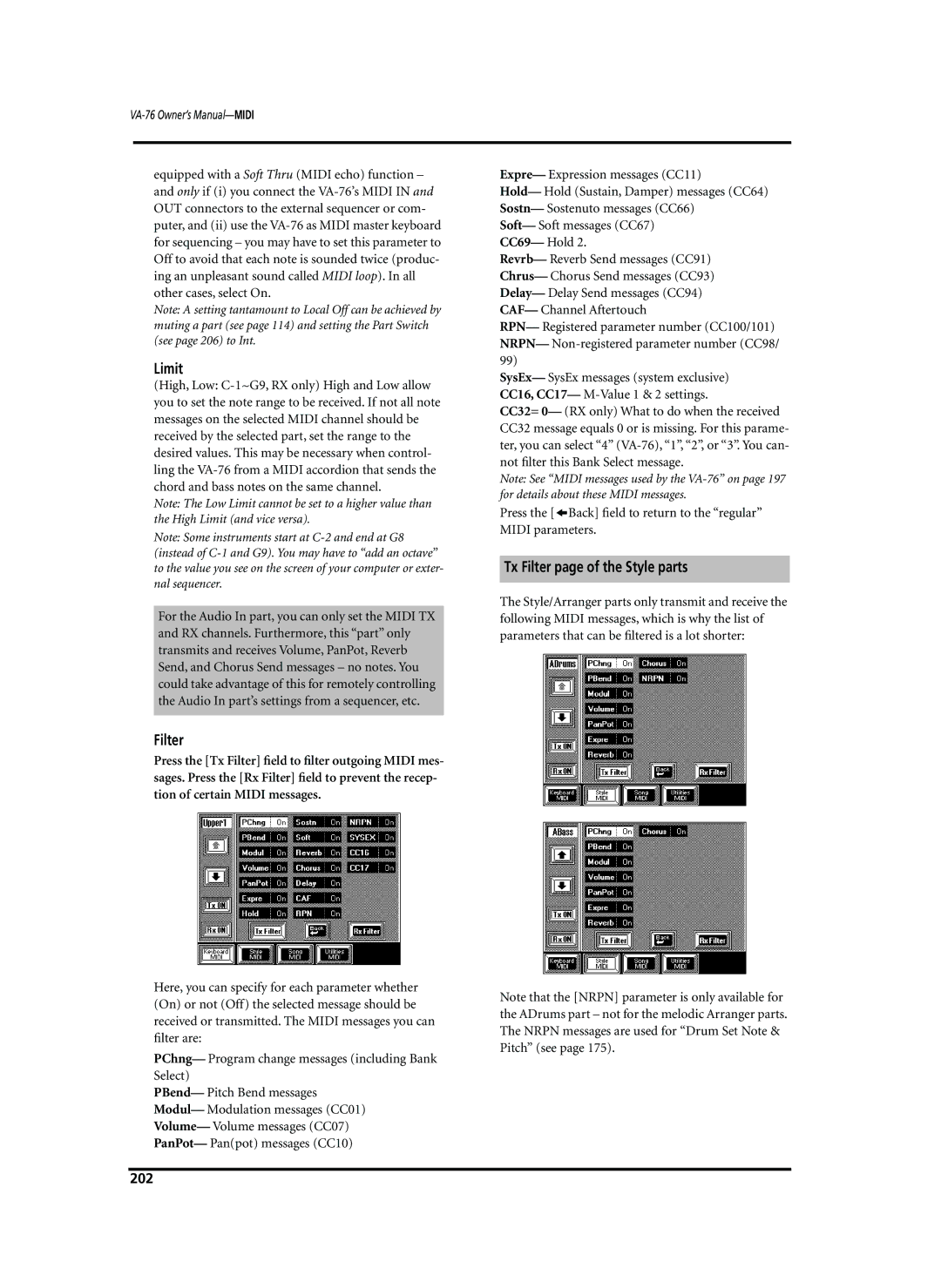 Roland VA-76 owner manual Limit, Tx Filter page of the Style parts, 202 