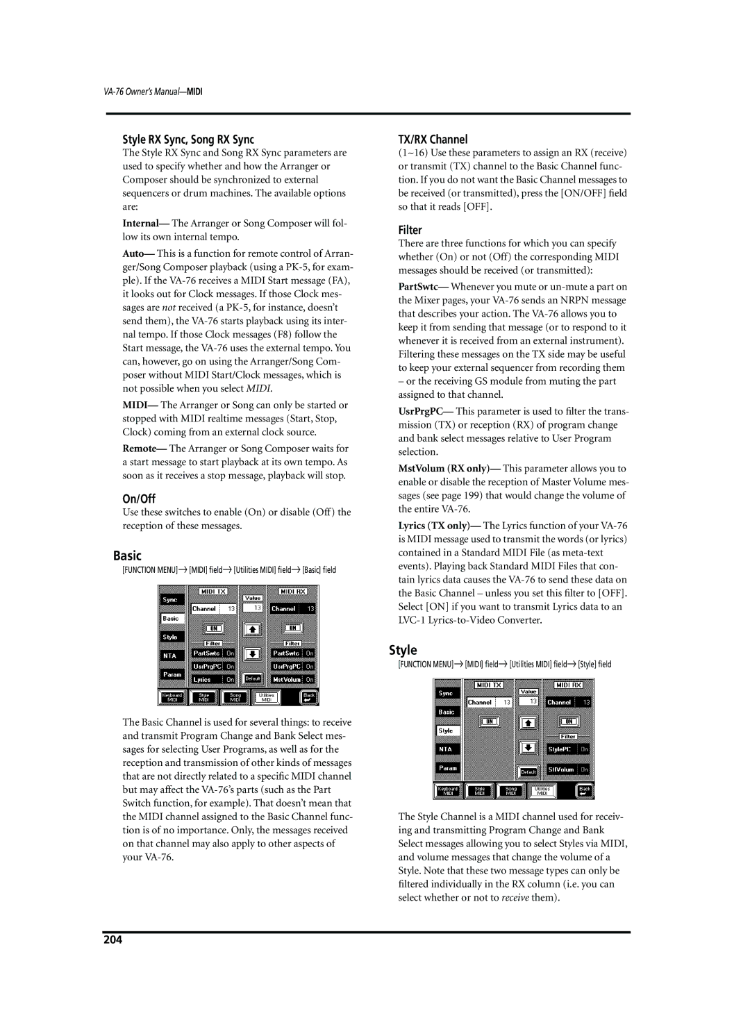 Roland VA-76 owner manual Basic, Style RX Sync, Song RX Sync, On/Off, TX/RX Channel 