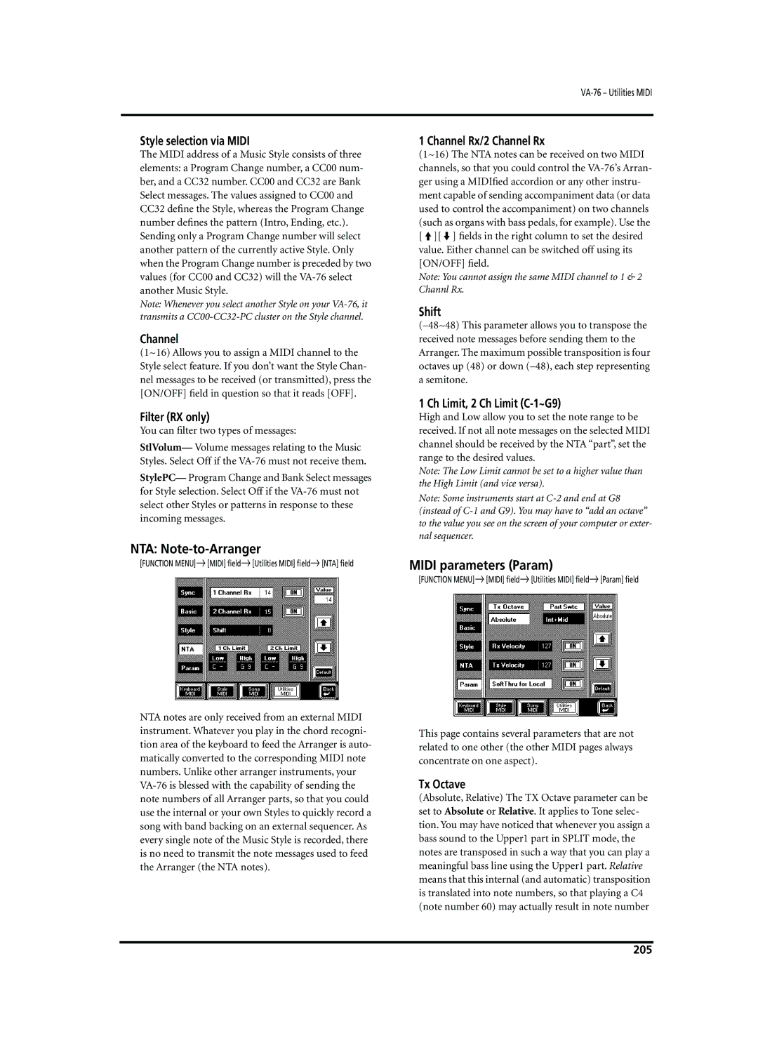 Roland VA-76 owner manual NTA Note-to-Arranger, Midi parameters Param 