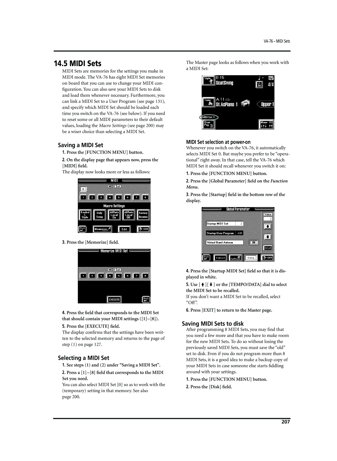 Roland VA-76 Saving a Midi Set, Selecting a Midi Set, Saving Midi Sets to disk, Midi Set selection at power-on 