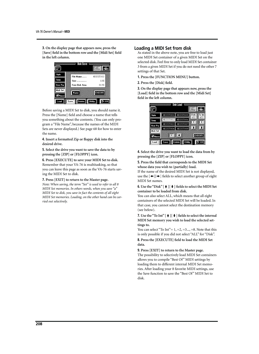 Roland VA-76 owner manual Loading a Midi Set from disk, 208 