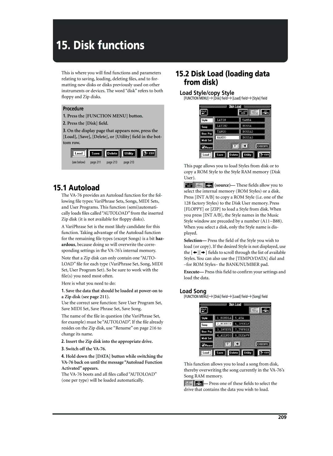 Roland VA-76 owner manual Disk functions, Autoload, Disk Load loading data from disk, Load Style/copy Style, Load Song 