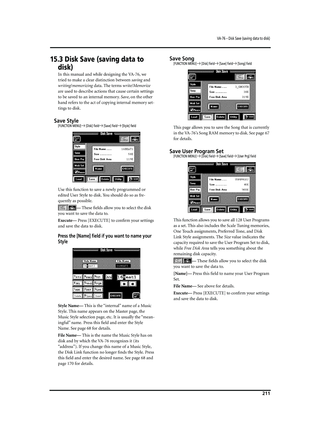 Roland VA-76 owner manual Disk Save saving data to disk, Save Style, Save Song, Save User Program Set 