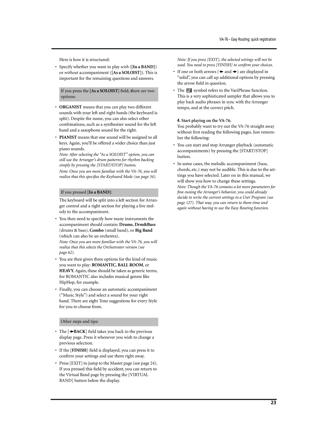 Roland VA-76 owner manual Here is how it is structured, If you press the As a Soloist ﬁeld, there are two options 