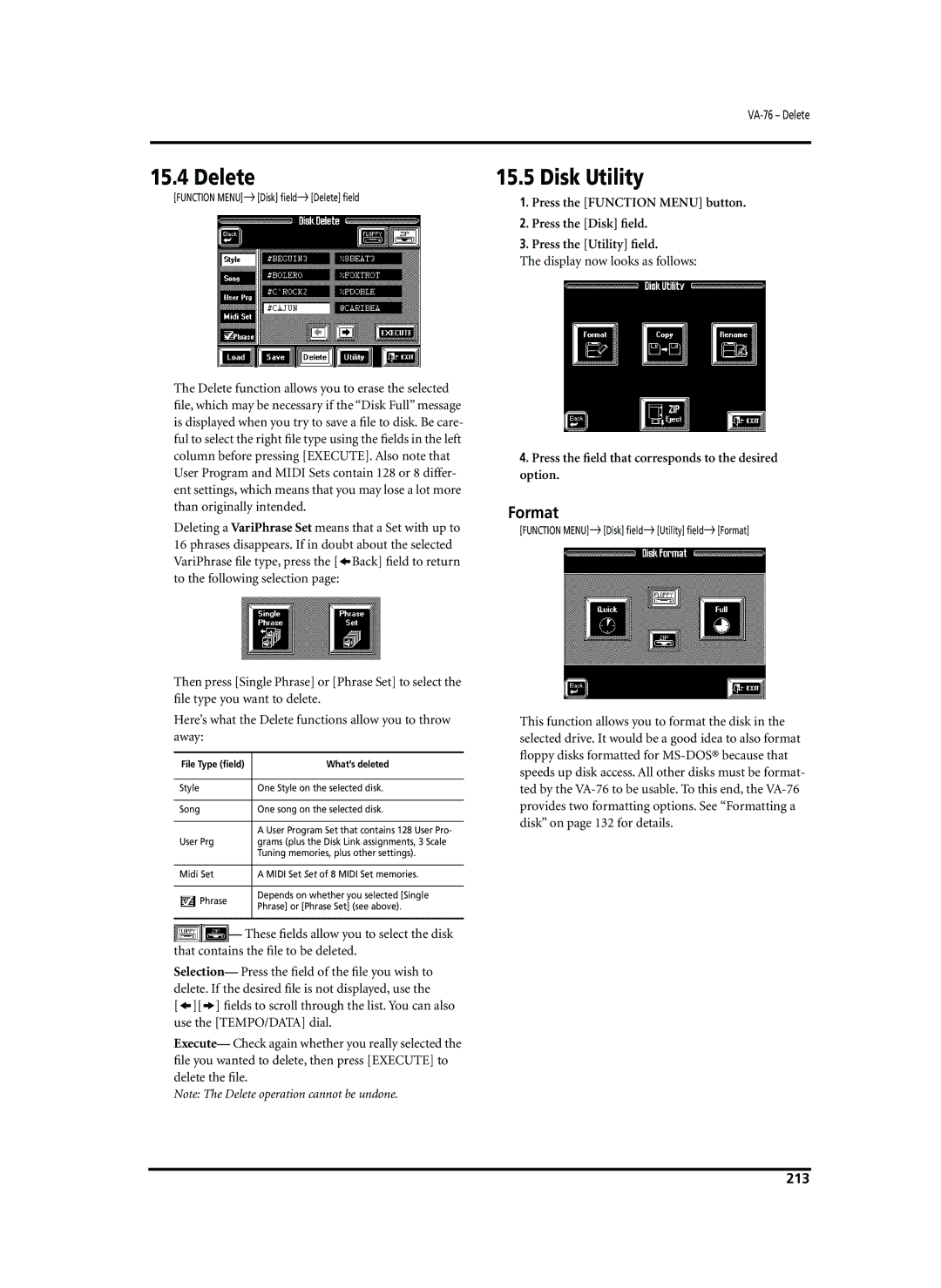 Roland VA-76 owner manual Delete Disk Utility, Format, Press the ﬁeld that corresponds to the desired option, 213 