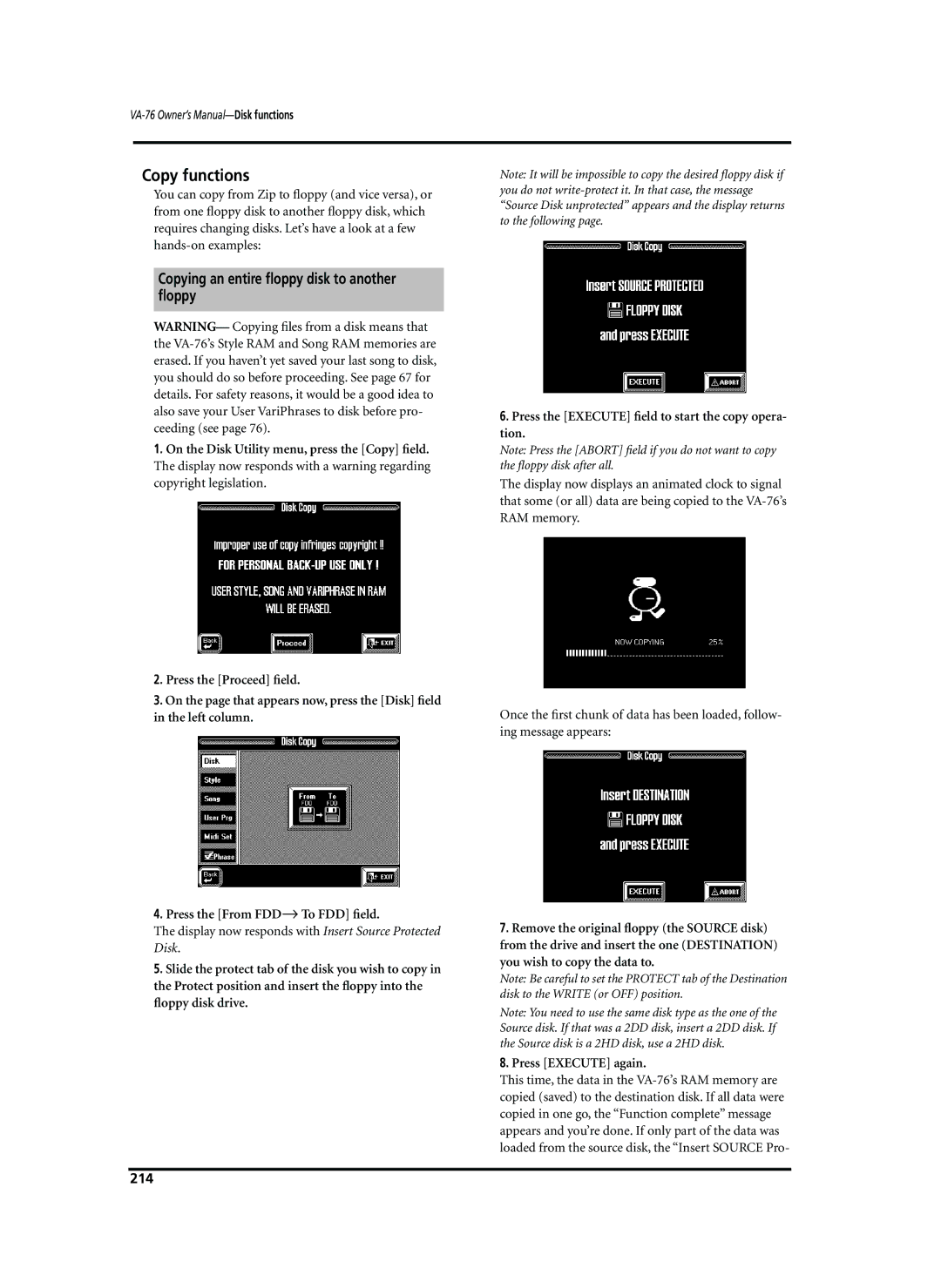 Roland VA-76 Copy functions, Copying an entire ﬂoppy disk to another ﬂoppy, Press the From FDD→ To FDD ﬁeld, 214 