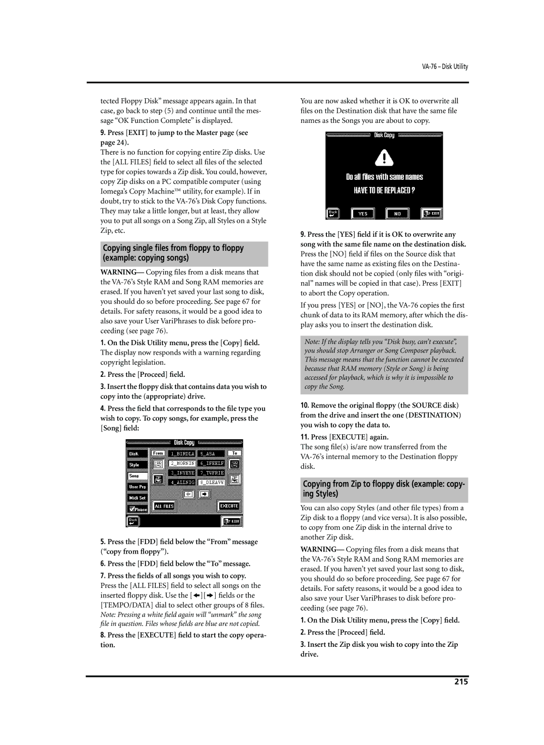 Roland VA-76 owner manual Copying from Zip to ﬂoppy disk example copy- ing Styles, 215 