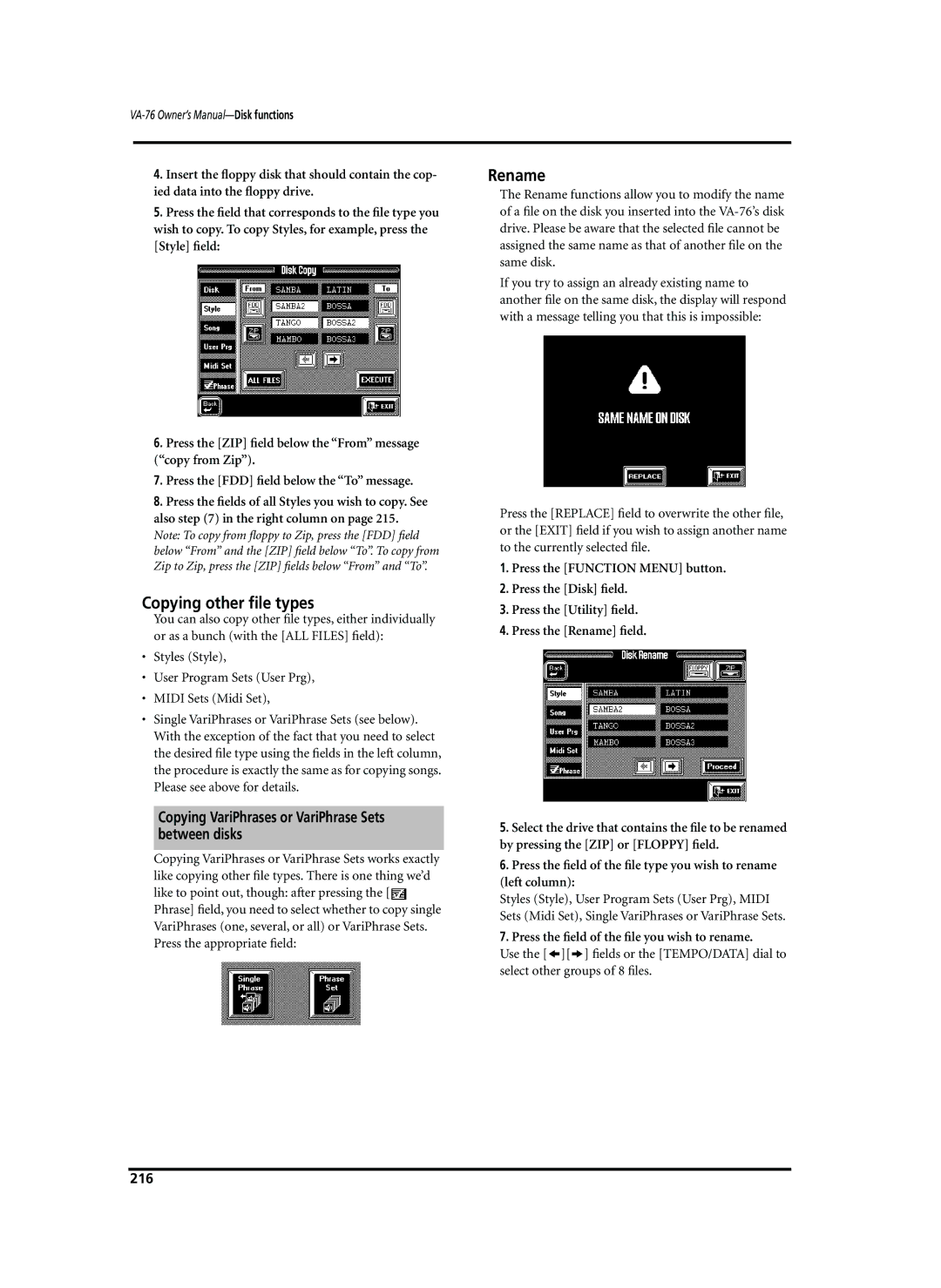 Roland VA-76 owner manual Copying other ﬁle types, Rename, Copying VariPhrases or VariPhrase Sets between disks, 216 