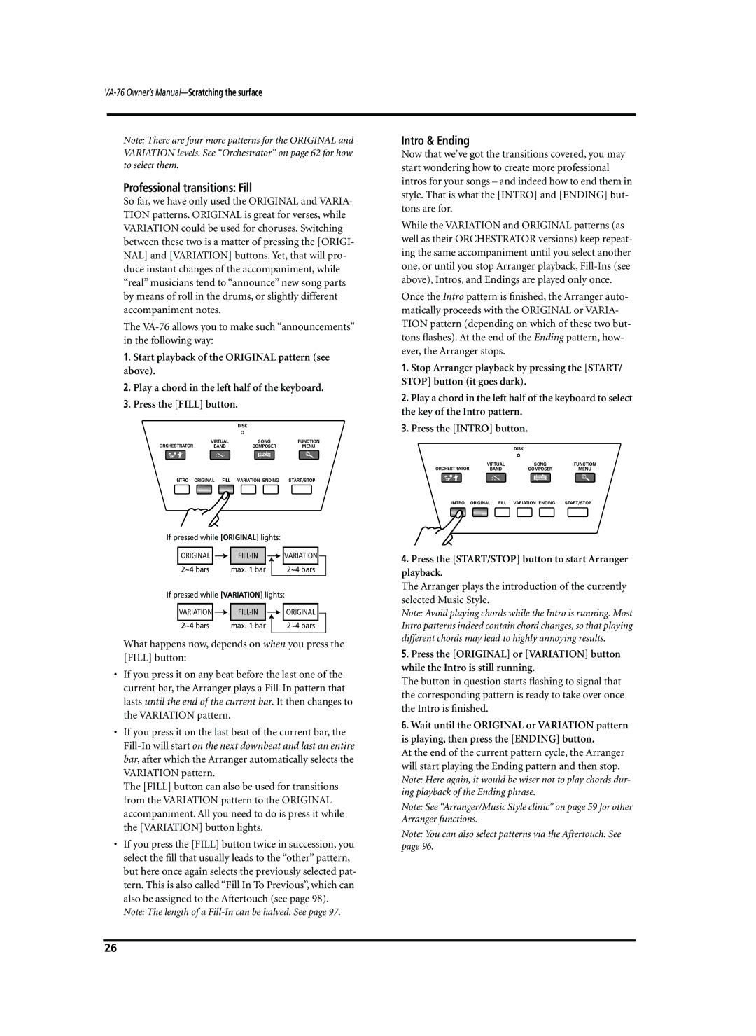 Roland VA-76 Professional transitions Fill, Intro & Ending, Press the START/STOP button to start Arranger playback 