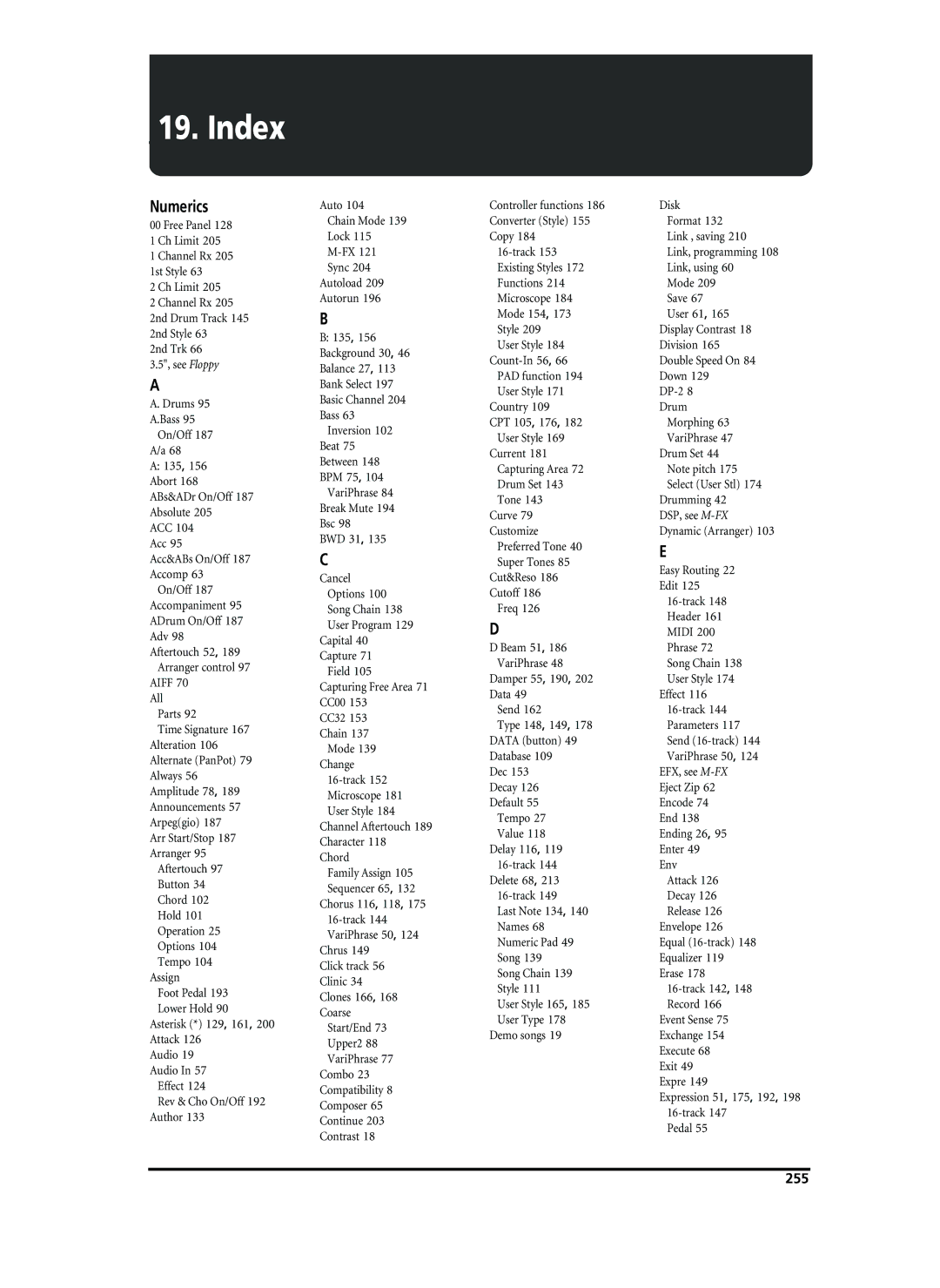 Roland VA-76 owner manual Index, Numerics, 255 