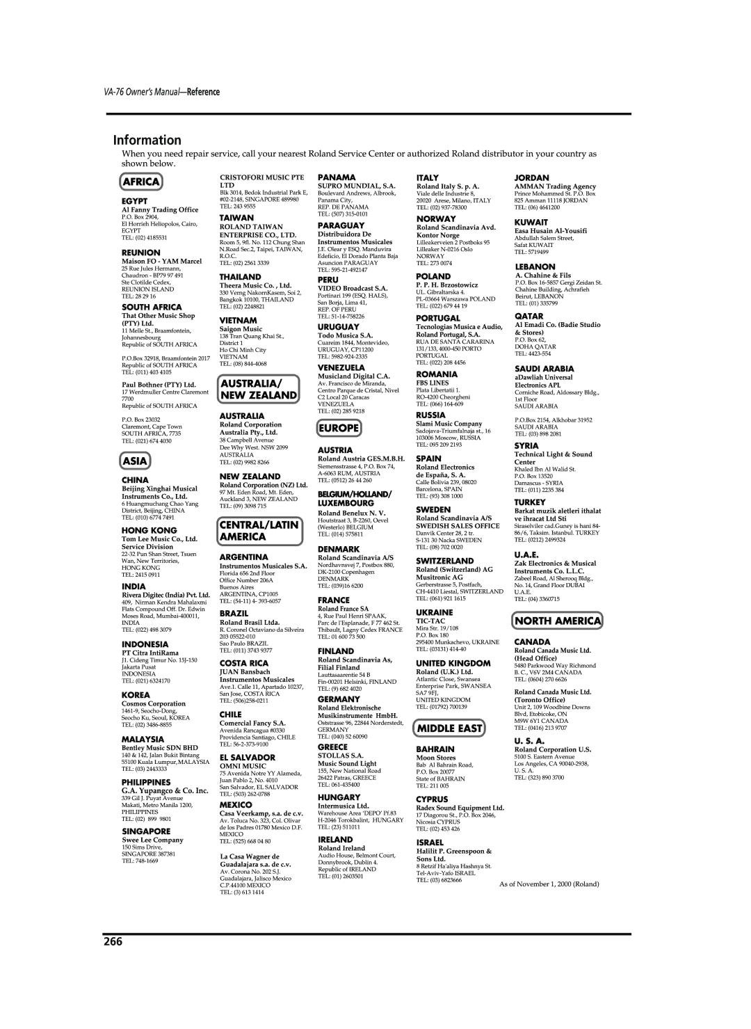 Roland VA-76 owner manual Information, 266 