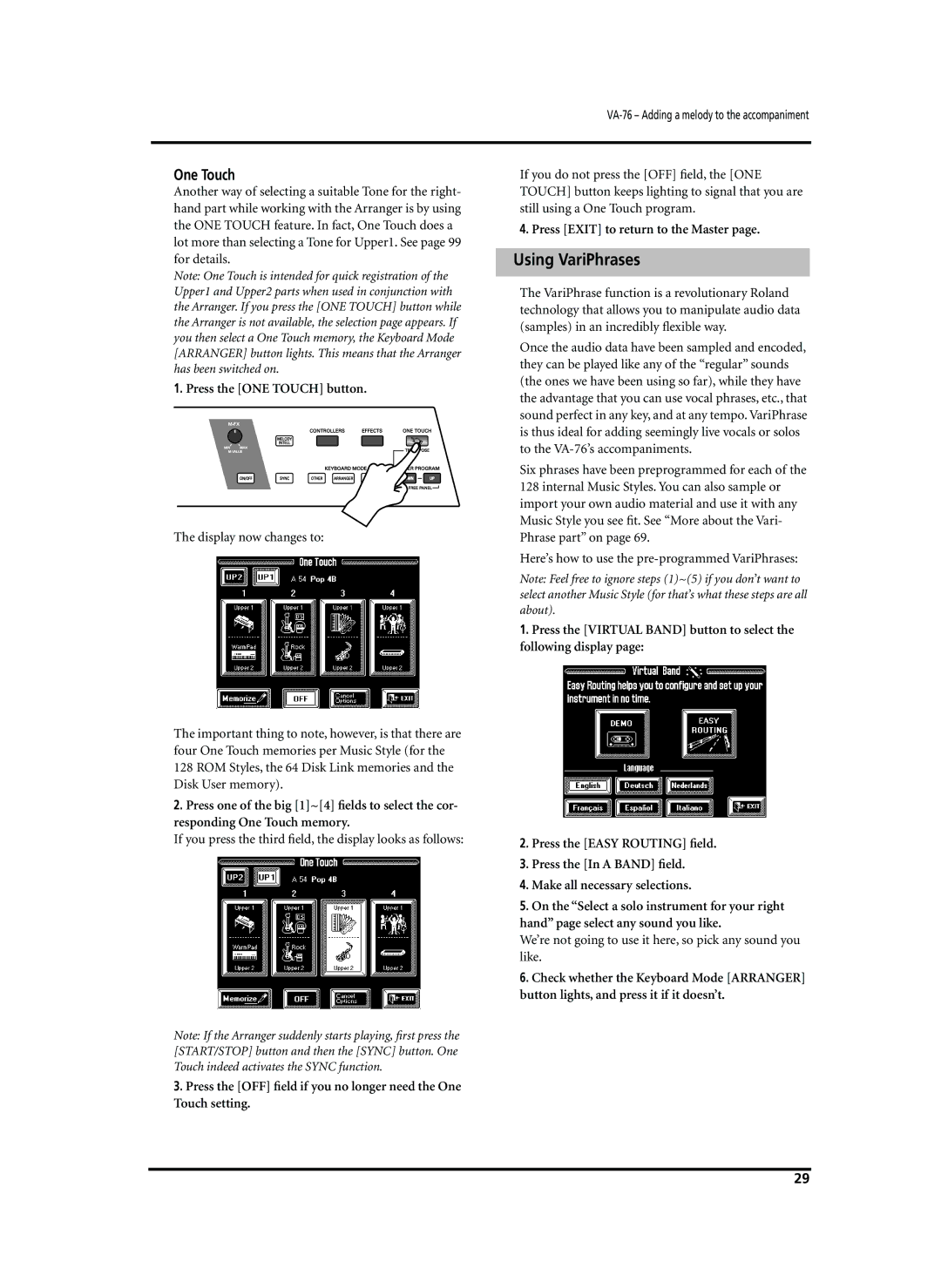 Roland VA-76 owner manual Using VariPhrases, One Touch, Press the ONE Touch button 