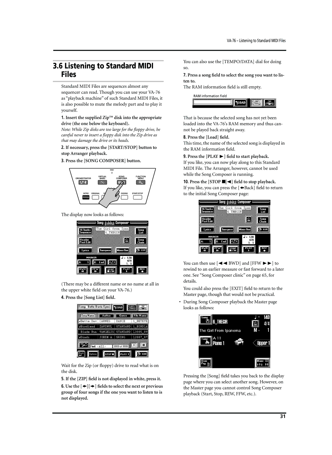 Roland VA-76 owner manual Listening to Standard Midi Files, Press the Song List ﬁeld, Press the Load ﬁeld 