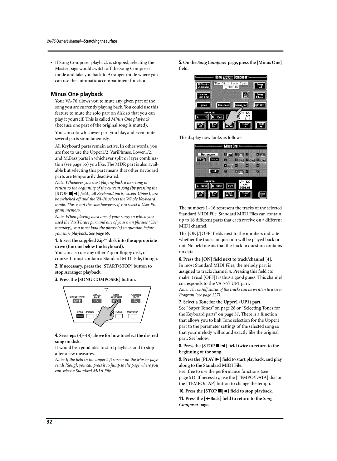 Roland VA-76 owner manual Minus One playback, On the Song Composer page, press the Minus One ﬁeld 