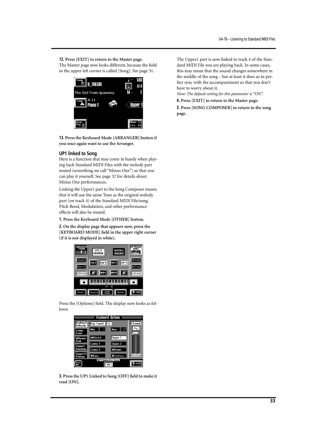 Roland VA-76 owner manual UP1 linked to Song, Press Exit to return to the Master 