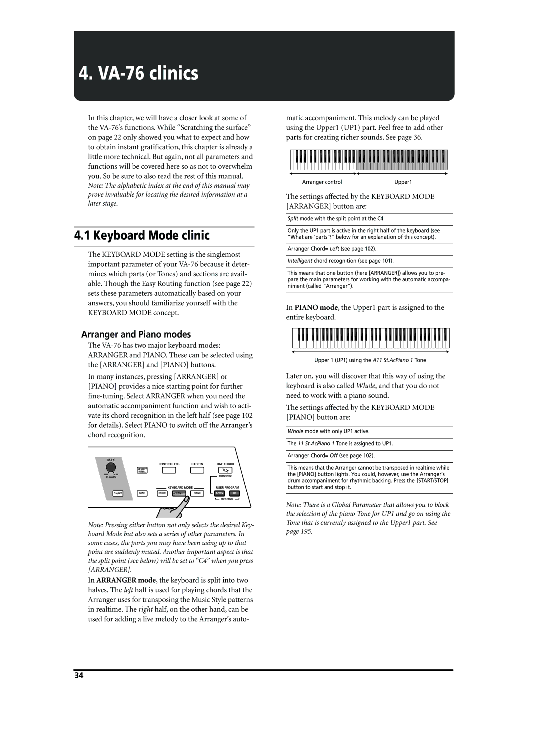 Roland owner manual VA-76 clinics, Keyboard Mode clinic, Arranger and Piano modes 