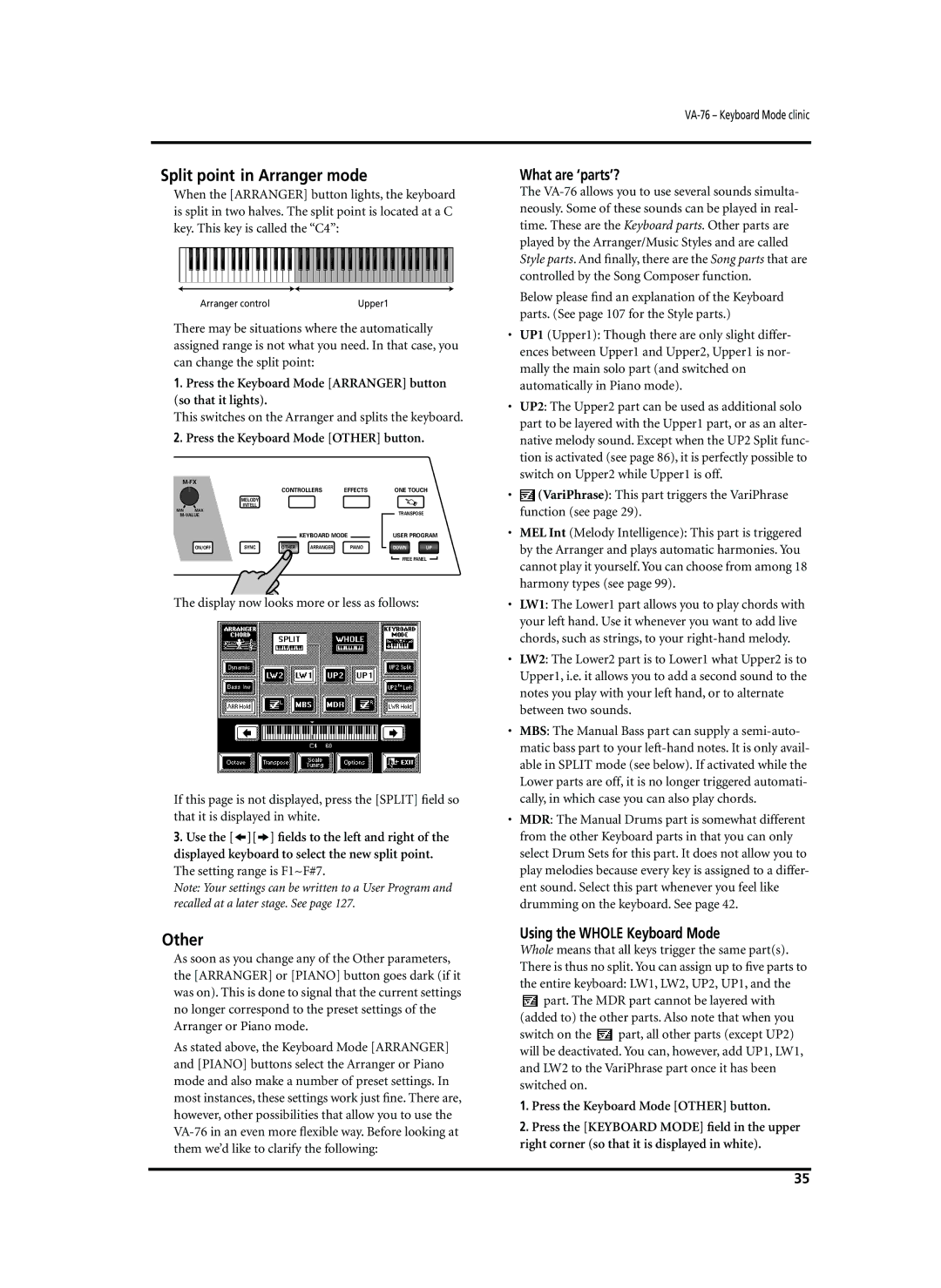 Roland VA-76 owner manual Split point in Arranger mode, Other, What are ‘parts’?, Using the Whole Keyboard Mode 