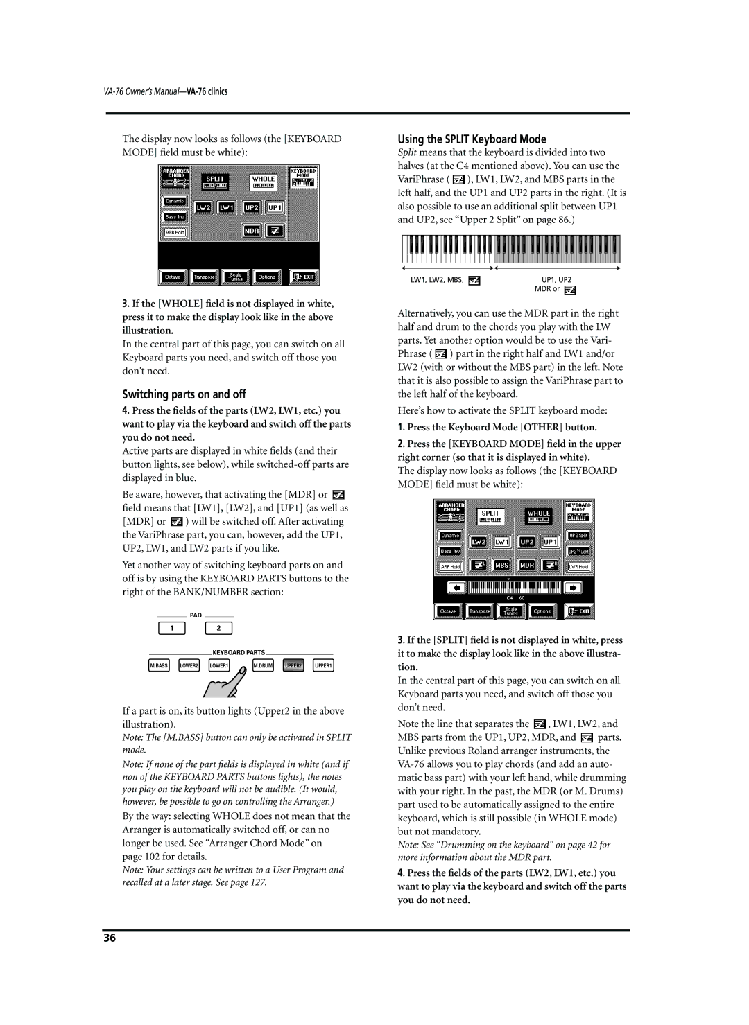 Roland VA-76 owner manual Switching parts on and off, Using the Split Keyboard Mode 