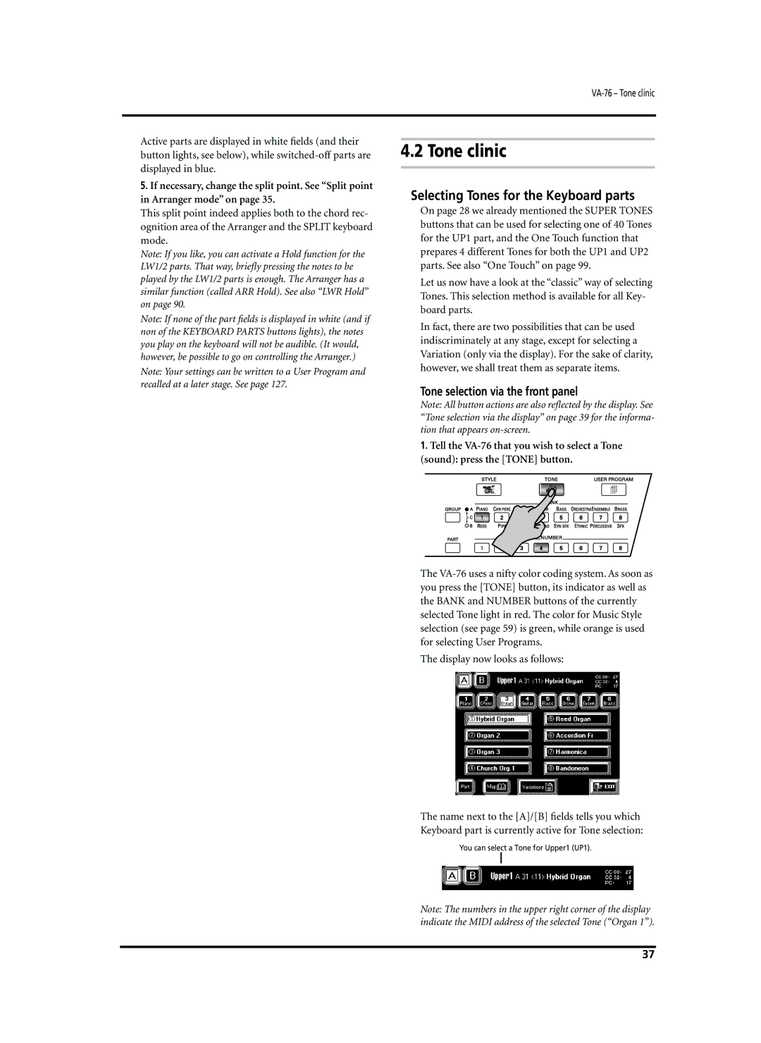 Roland VA-76 owner manual Tone clinic, Selecting Tones for the Keyboard parts, Tone selection via the front panel 