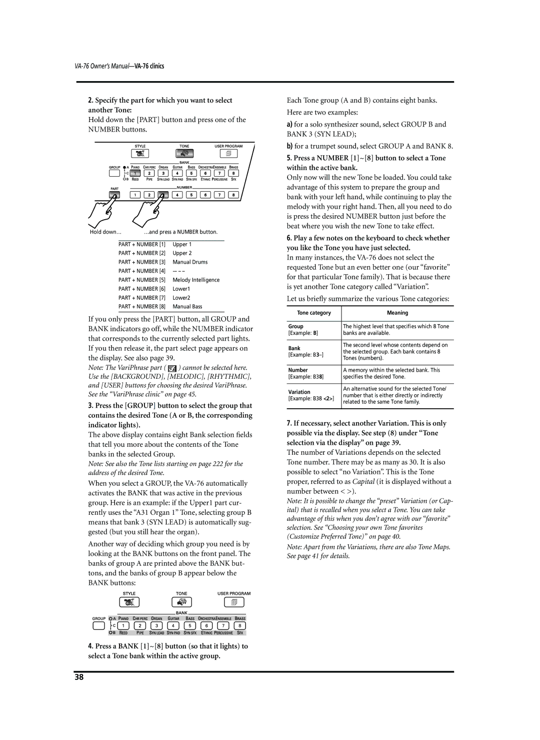 Roland VA-76 owner manual Specify the part for which you want to select another Tone 