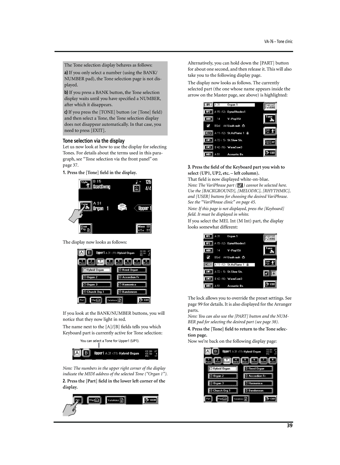 Roland VA-76 Tone selection via the display, Press the Tone ﬁeld in the display, Now we’re back on the following display 