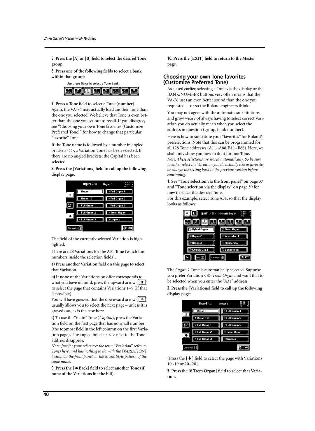 Roland VA-76 owner manual Press the Variations ﬁeld to call up the following display 