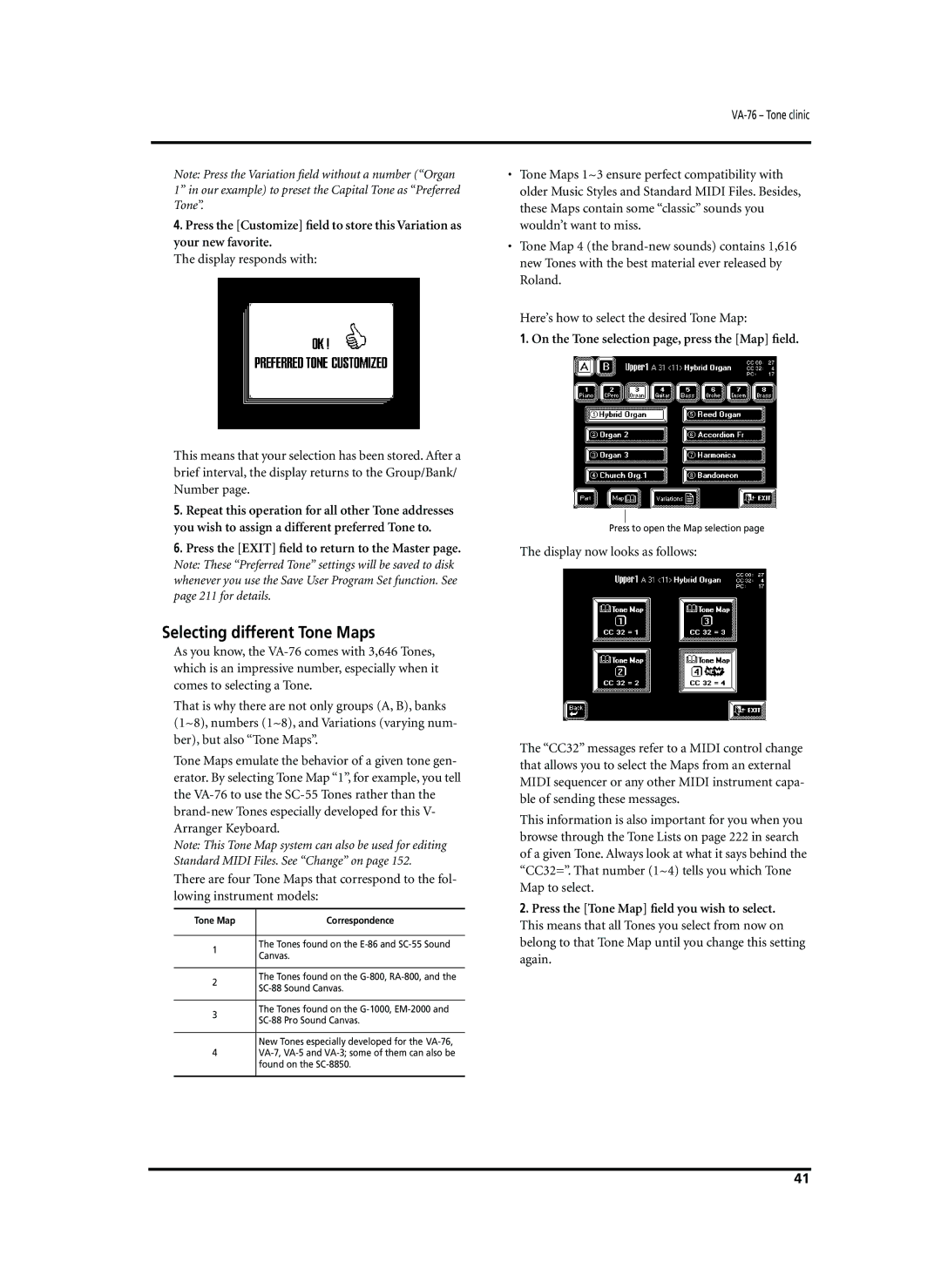 Roland VA-76 owner manual Selecting different Tone Maps, On the Tone selection page, press the Map ﬁeld 