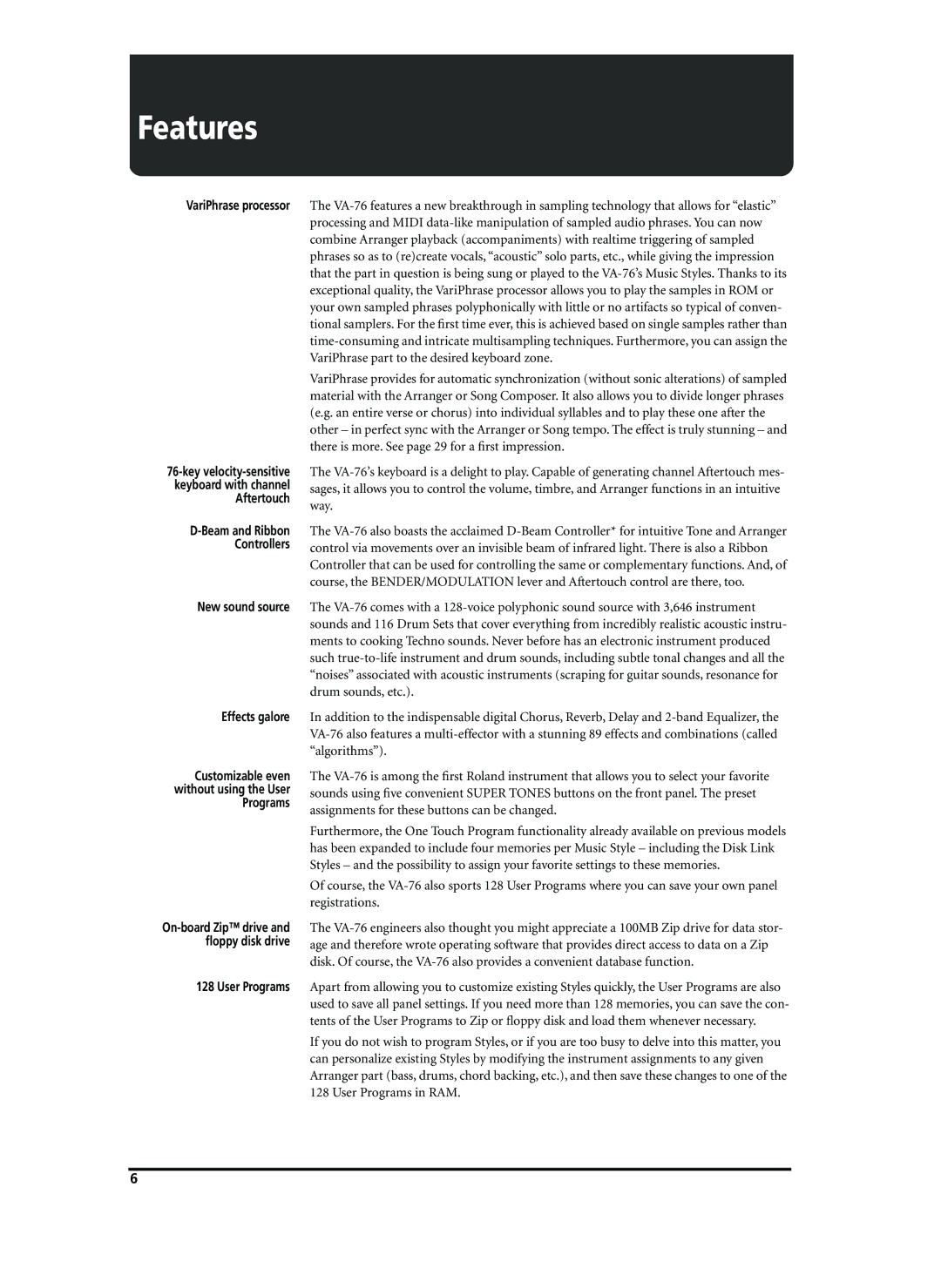Roland VA-76 owner manual Features 