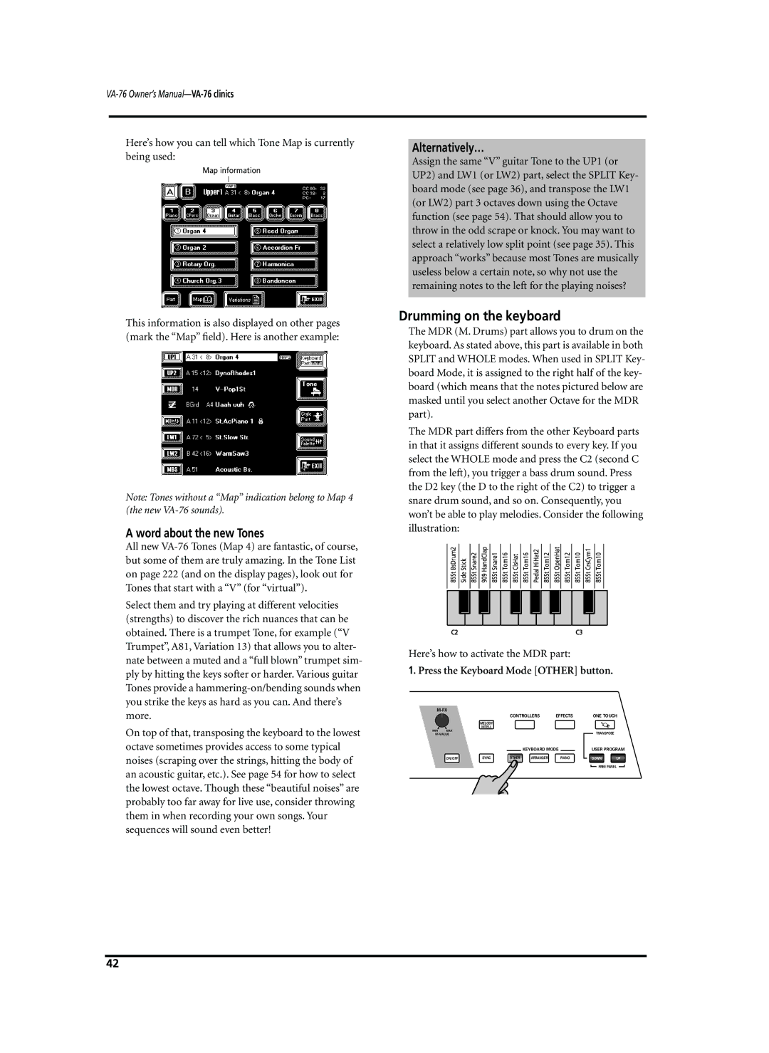 Roland VA-76 owner manual Drumming on the keyboard, Word about the new Tones, Alternatively… 