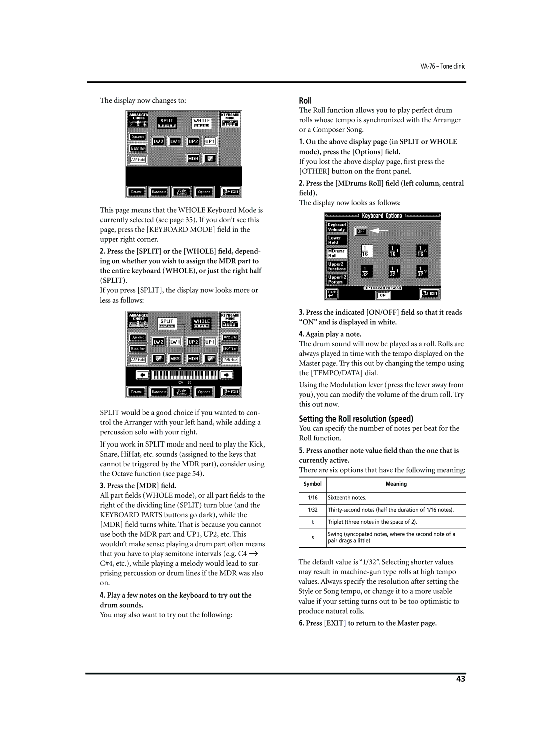 Roland VA-76 owner manual Setting the Roll resolution speed, Press the MDR ﬁeld 