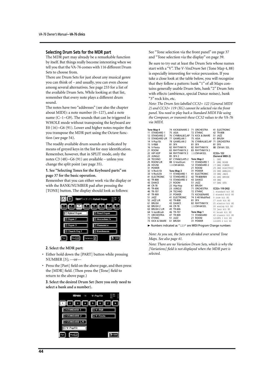 Roland VA-76 owner manual Selecting Drum Sets for the MDR part, Select the MDR part 