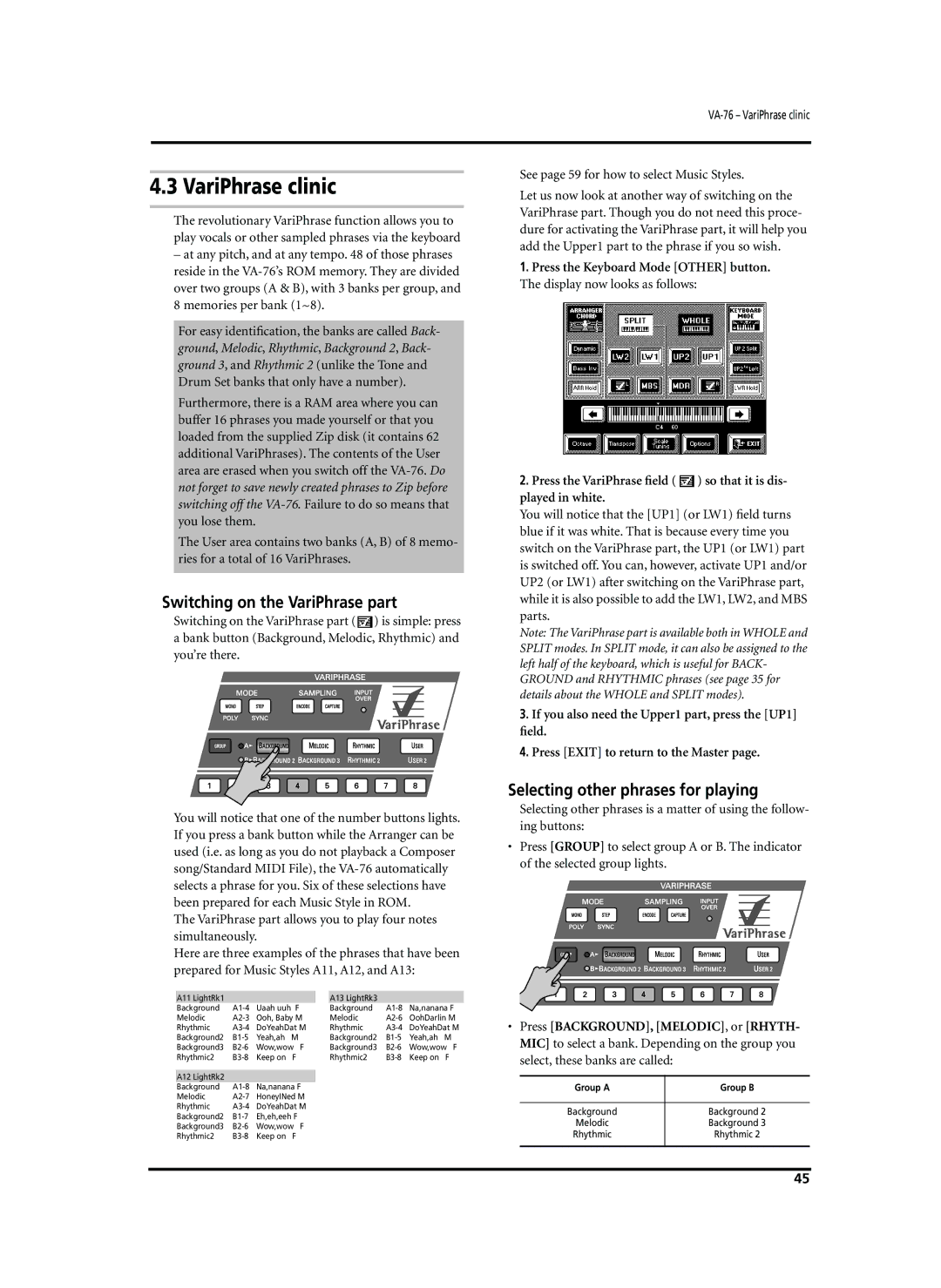 Roland VA-76 owner manual VariPhrase clinic, Switching on the VariPhrase part, Selecting other phrases for playing 