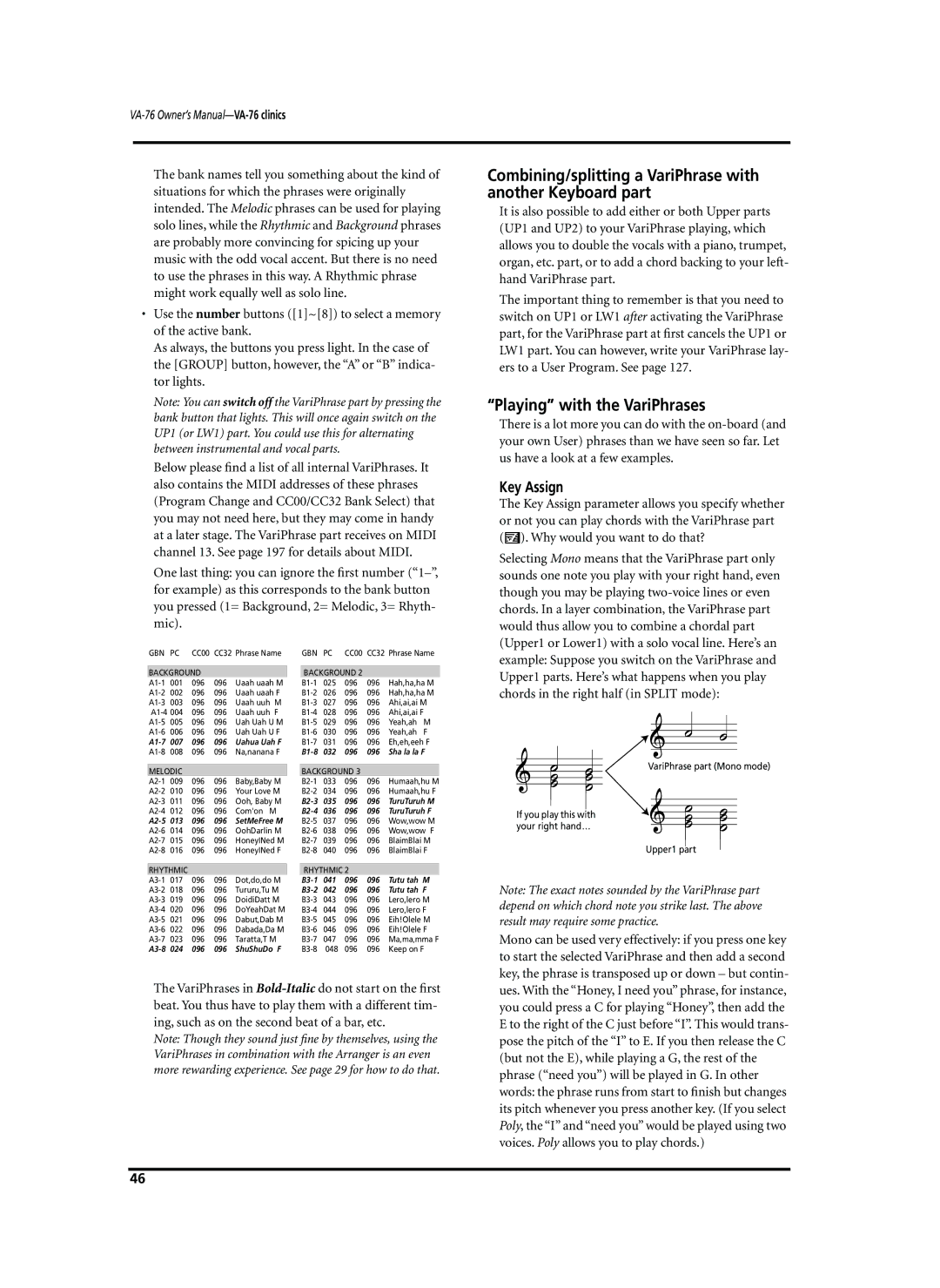 Roland VA-76 Combining/splitting a VariPhrase with another Keyboard part, Playing with the VariPhrases, Key Assign 