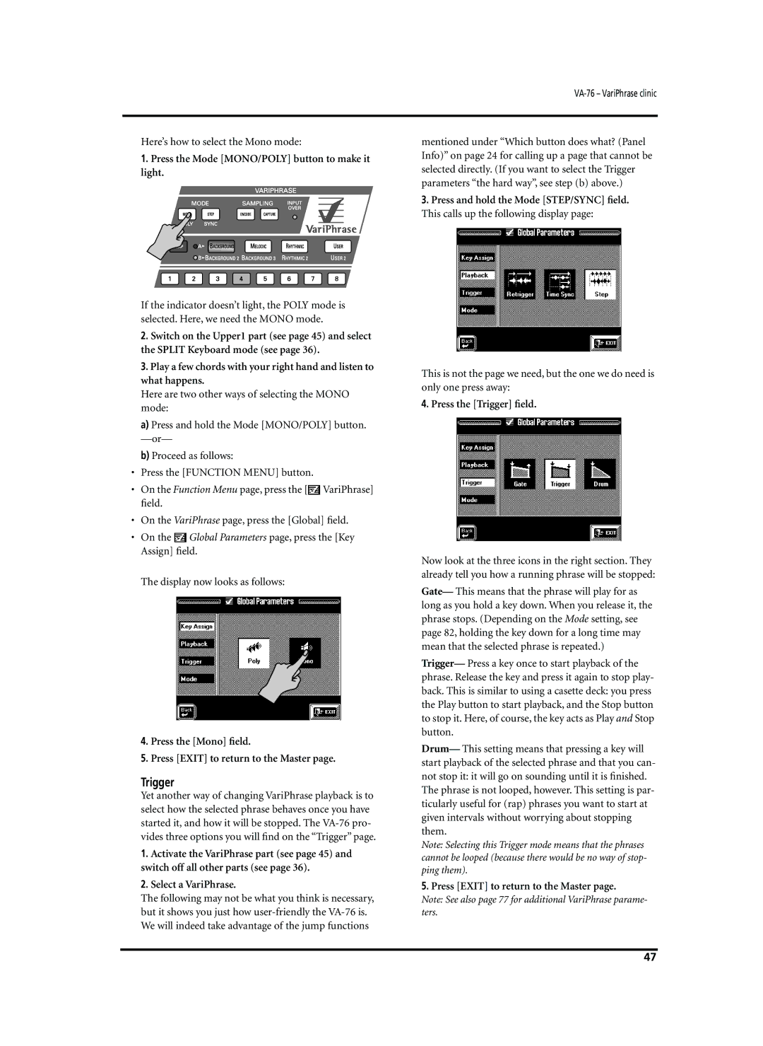 Roland VA-76 owner manual Trigger, Here’s how to select the Mono mode, Press the Mode MONO/POLY button to make it light 