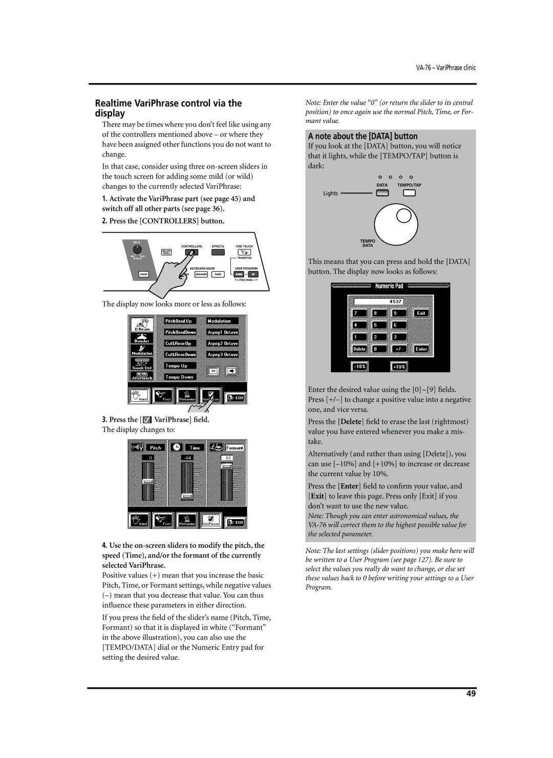 Roland VA-76 owner manual Realtime VariPhrase control via the display, Display now looks more or less as follows 