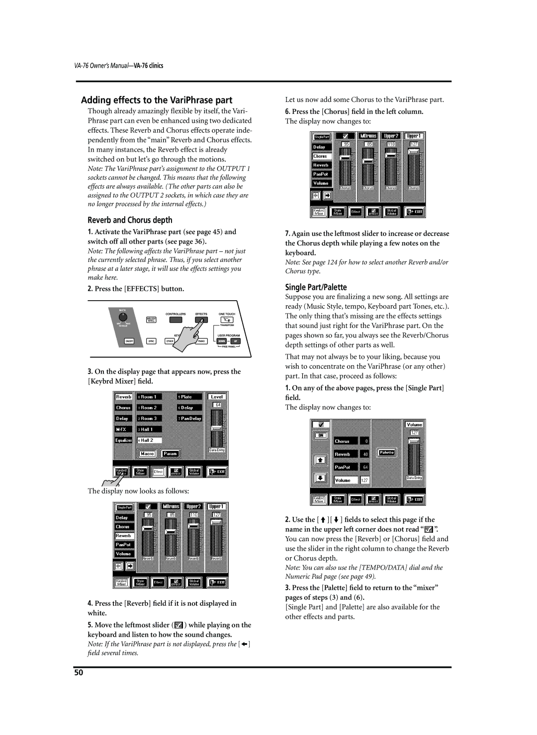 Roland VA-76 owner manual Adding effects to the VariPhrase part, Reverb and Chorus depth, Single Part/Palette 