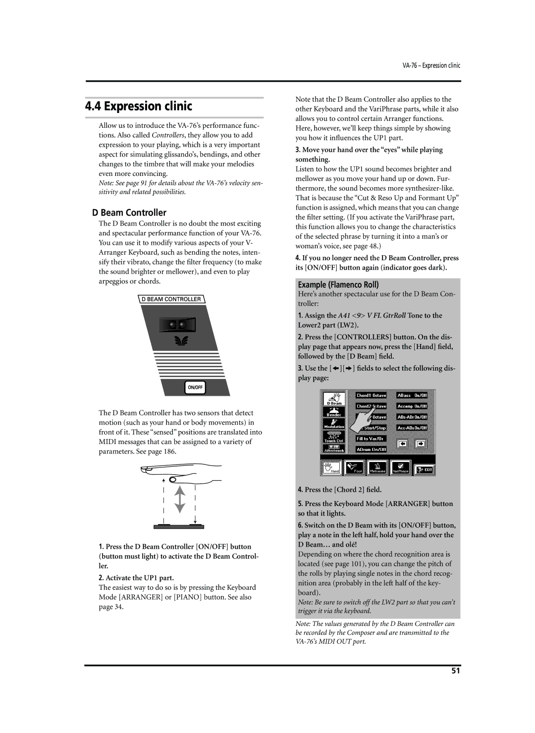 Roland VA-76 owner manual Expression clinic, Beam Controller, Example Flamenco Roll 