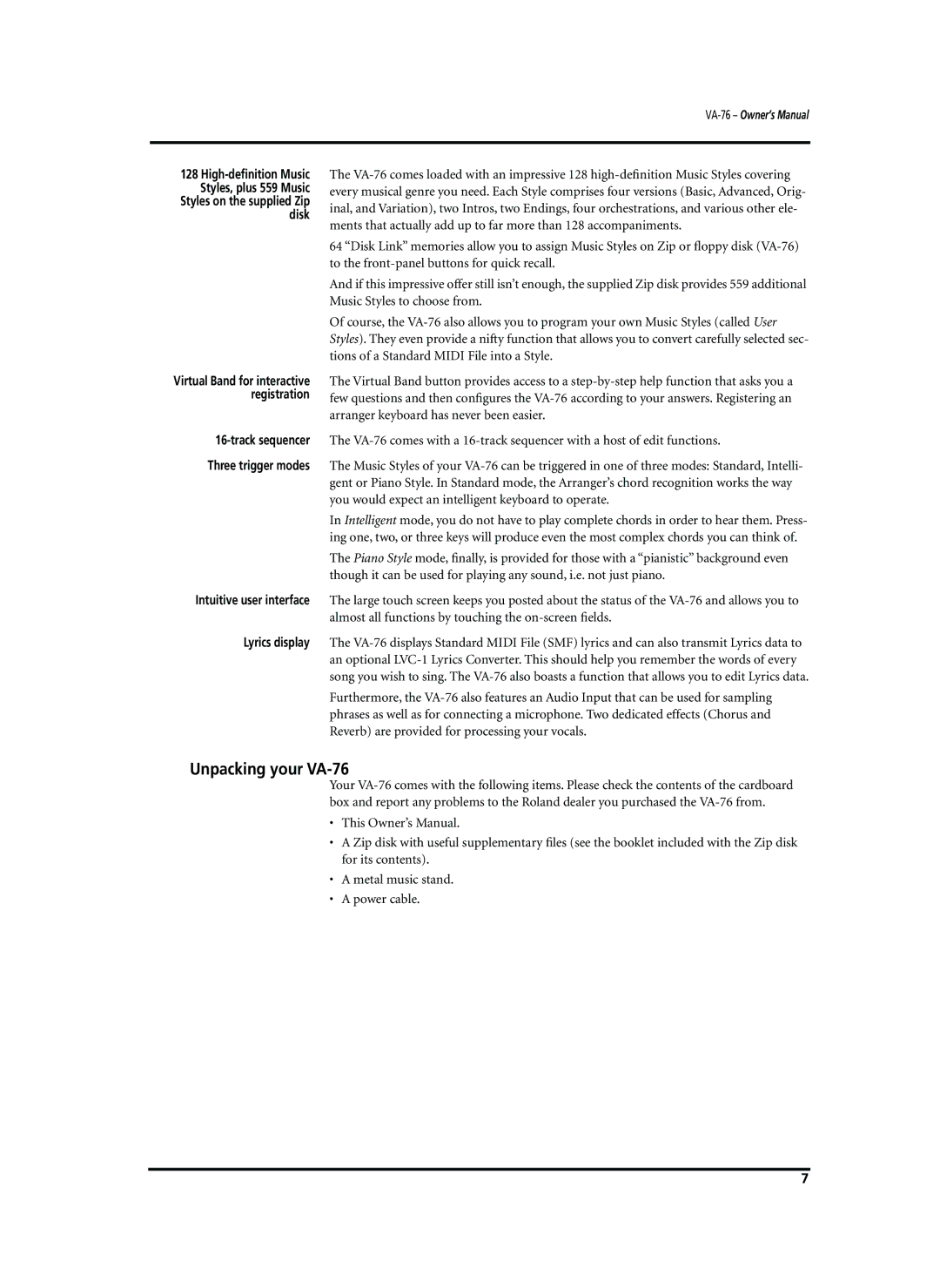 Roland owner manual Unpacking your VA-76, Lyrics display 