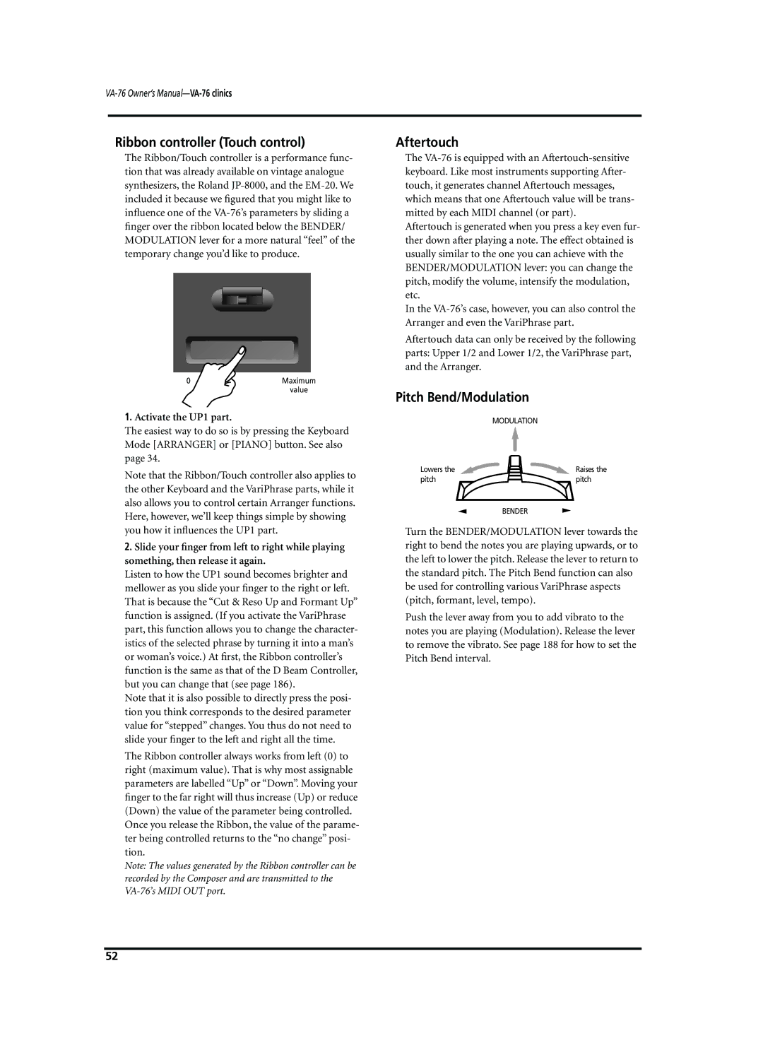 Roland VA-76 owner manual Ribbon controller Touch control, Aftertouch, Pitch Bend/Modulation 