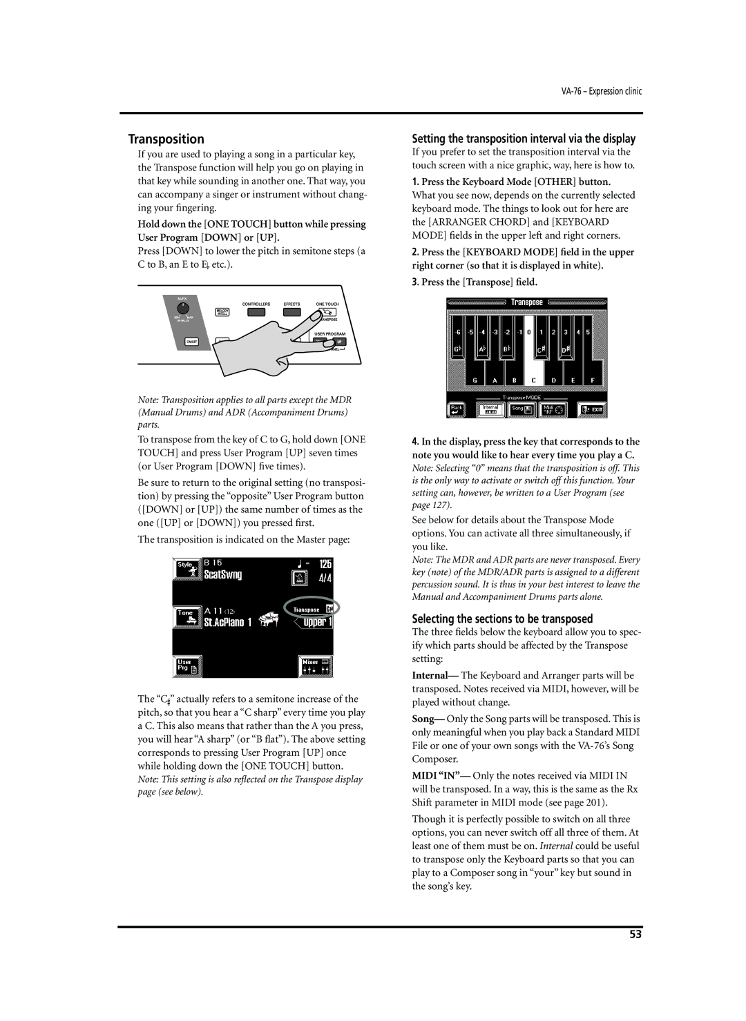 Roland VA-76 Transposition, Setting the transposition interval via the display, Selecting the sections to be transposed 