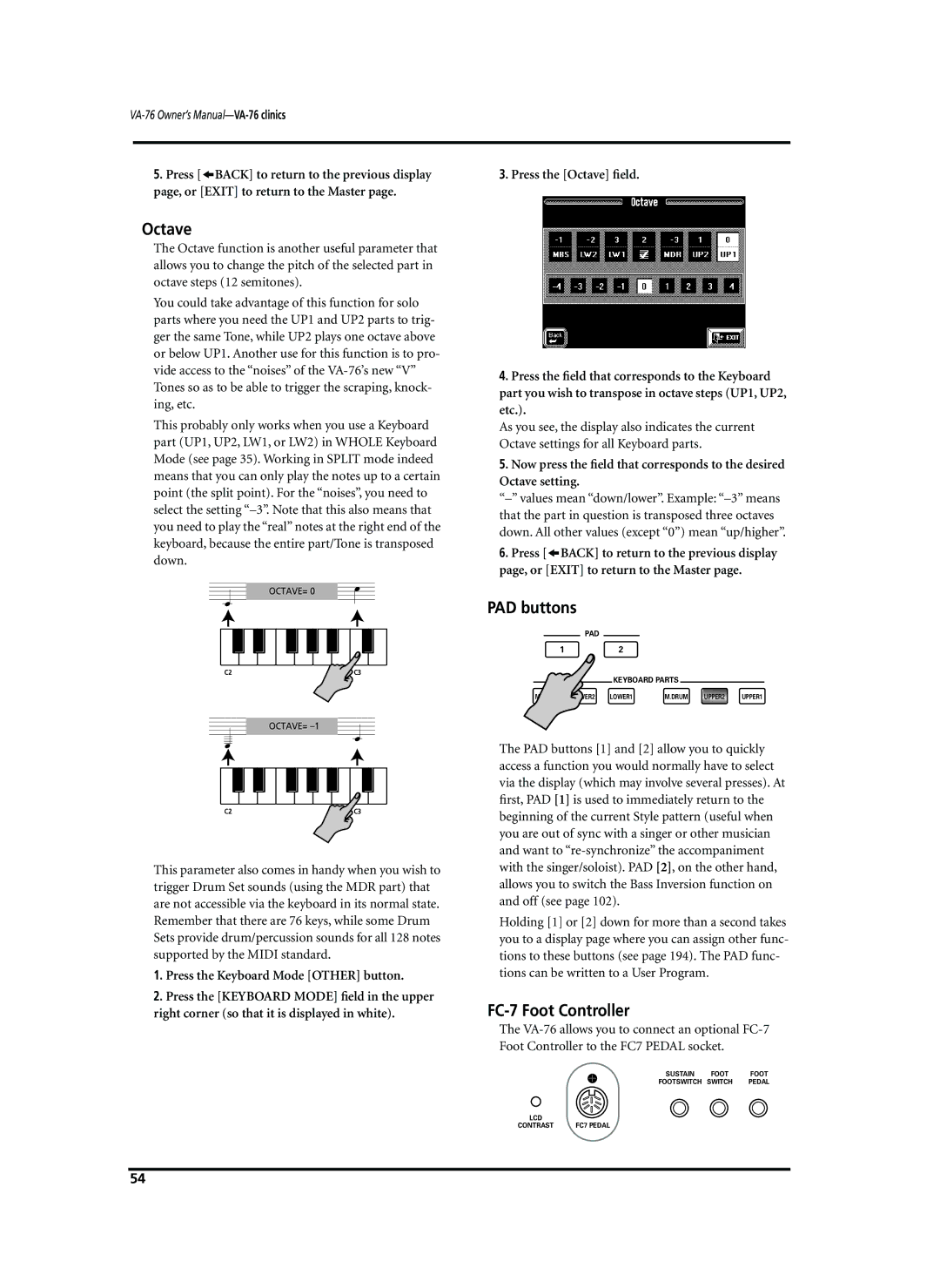 Roland VA-76 owner manual Octave, PAD buttons, FC-7 Foot Controller 