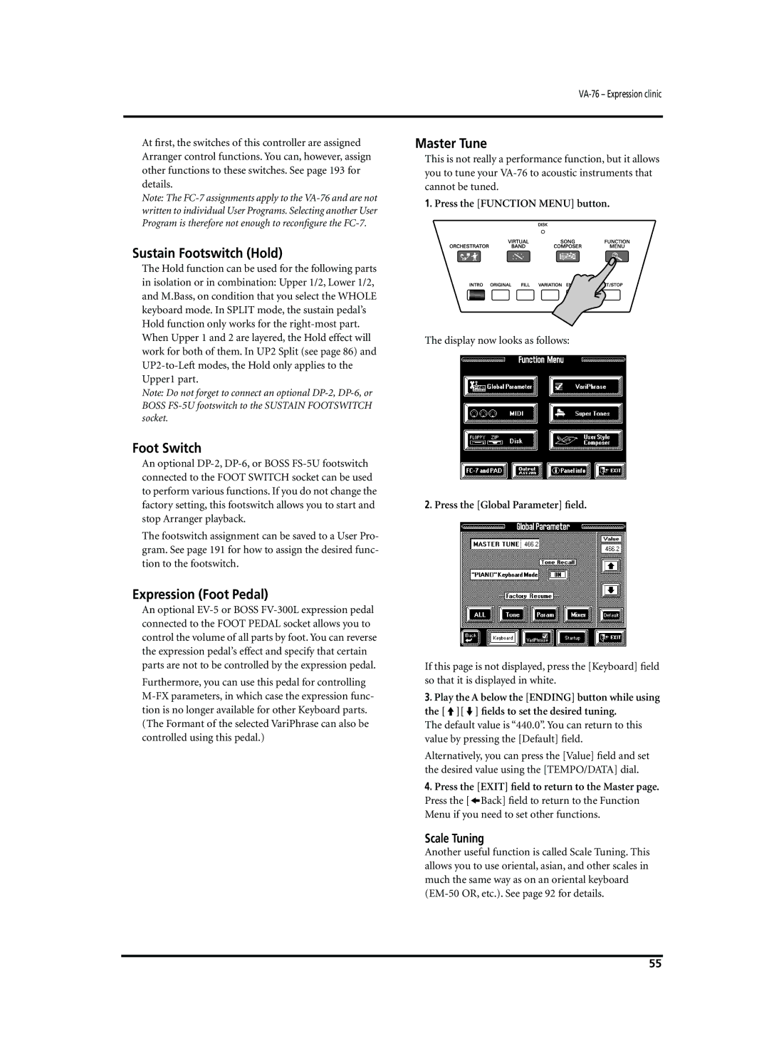 Roland VA-76 owner manual Sustain Footswitch Hold, Foot Switch, Expression Foot Pedal, Master Tune, Scale Tuning 