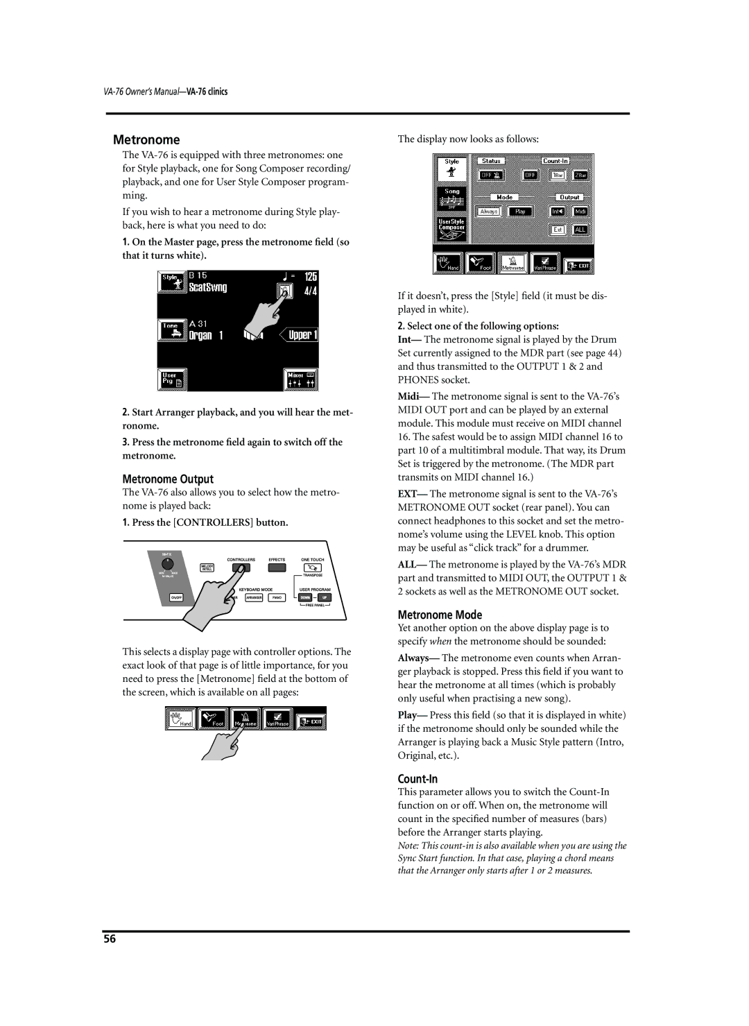 Roland VA-76 owner manual Metronome Output, Metronome Mode, Count-In, Select one of the following options 