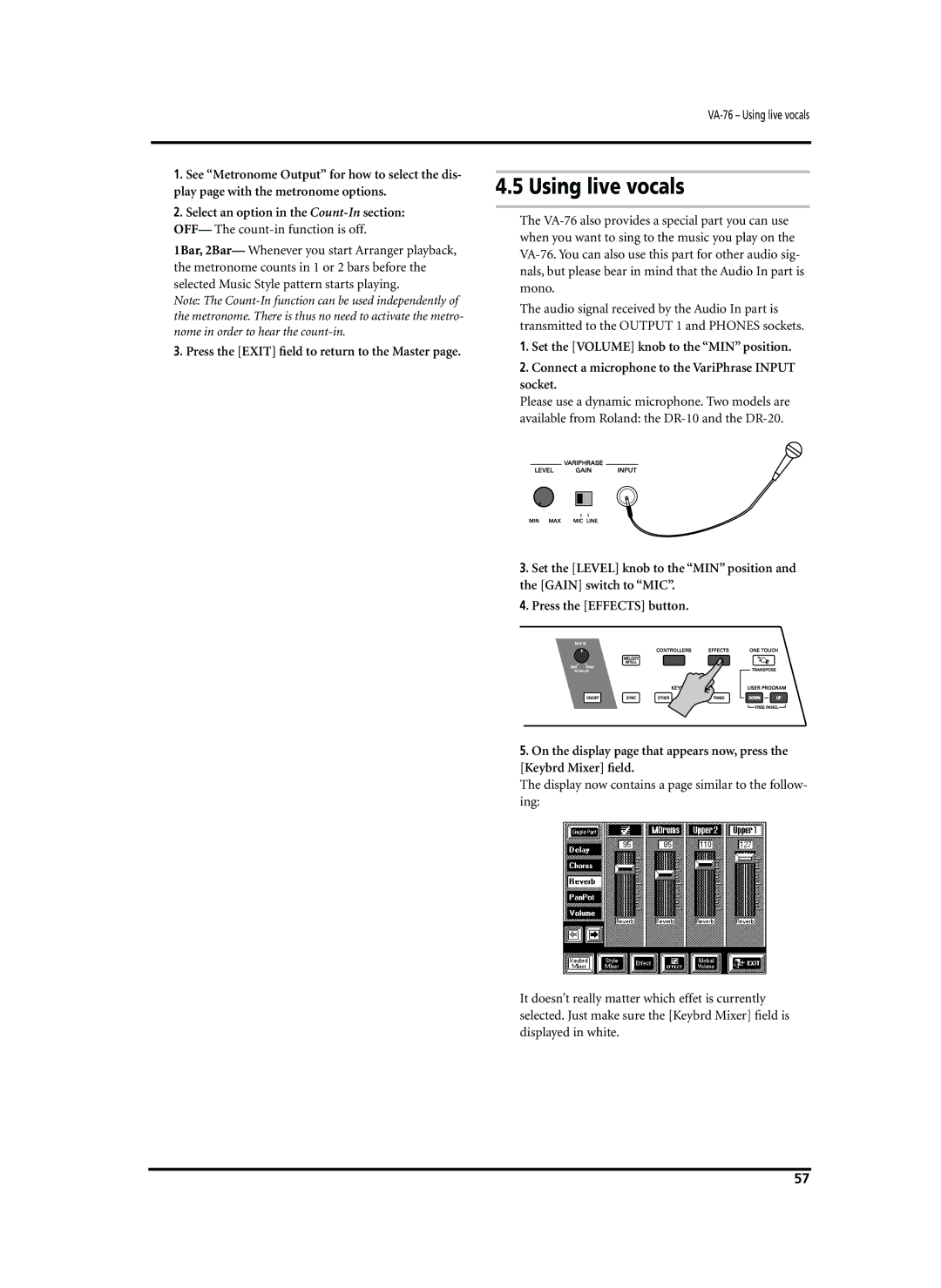 Roland VA-76 owner manual Using live vocals, OFF- The count-in function is off 