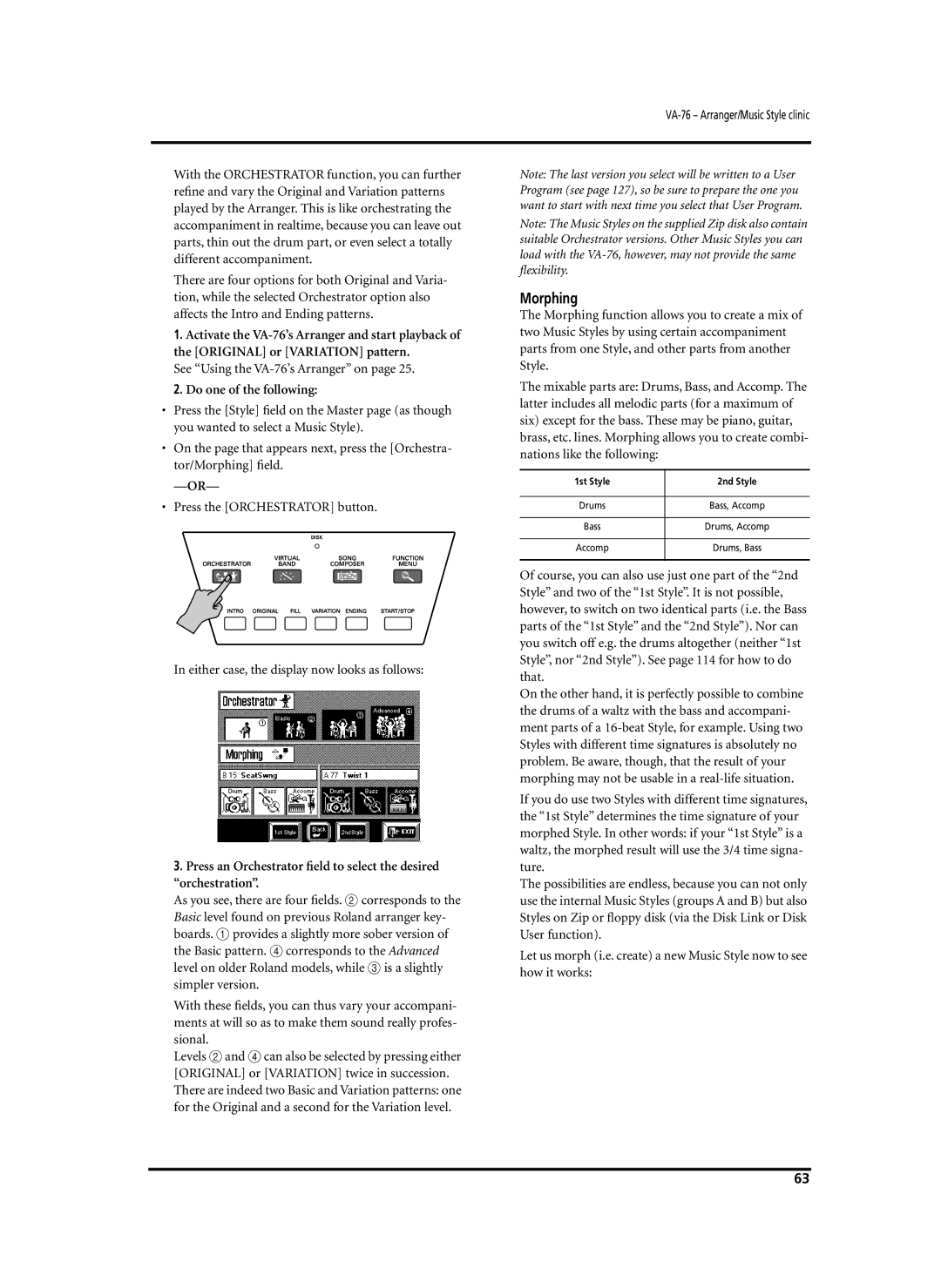 Roland owner manual Morphing, See Using the VA-76’s Arranger on, Do one of the following 