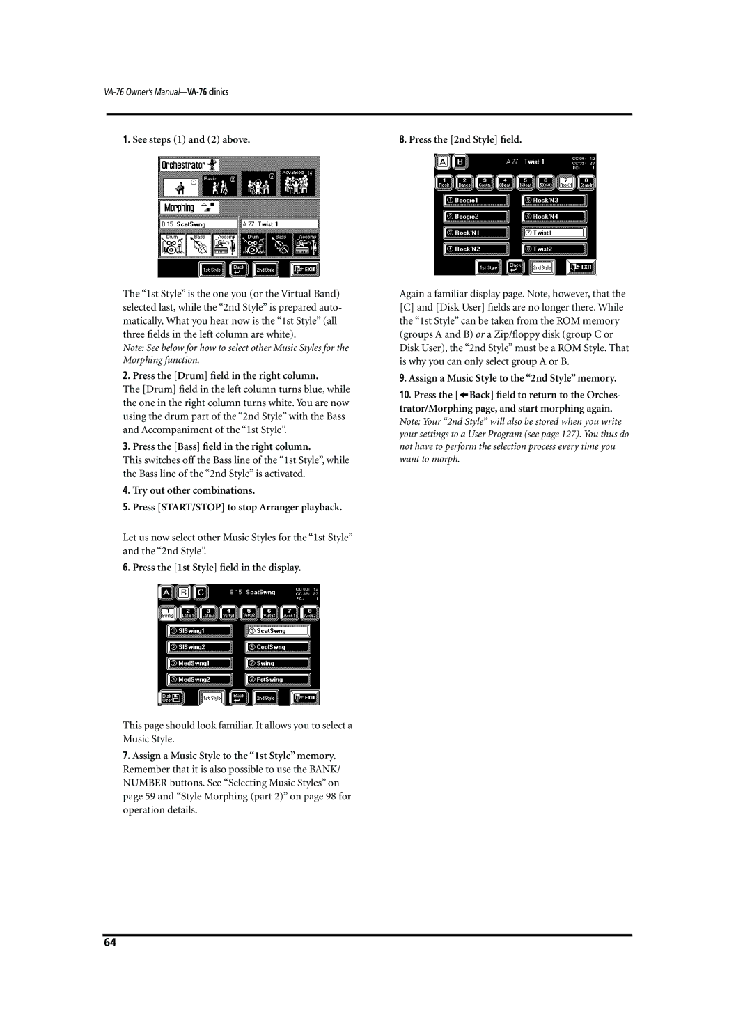 Roland VA-76 owner manual See steps 1 and 2 above Press the 2nd Style ﬁeld, Press the Drum ﬁeld in the right column 