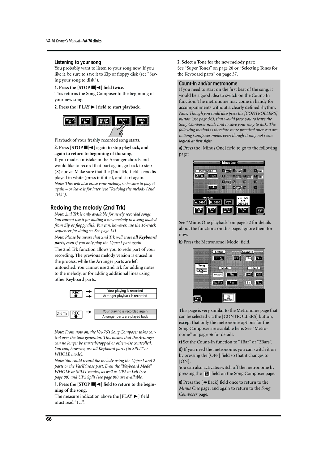 Roland VA-76 Redoing the melody 2nd Trk, Listening to your song, Count-In and/or metronome, Press the Stop √ ﬁeld twice 